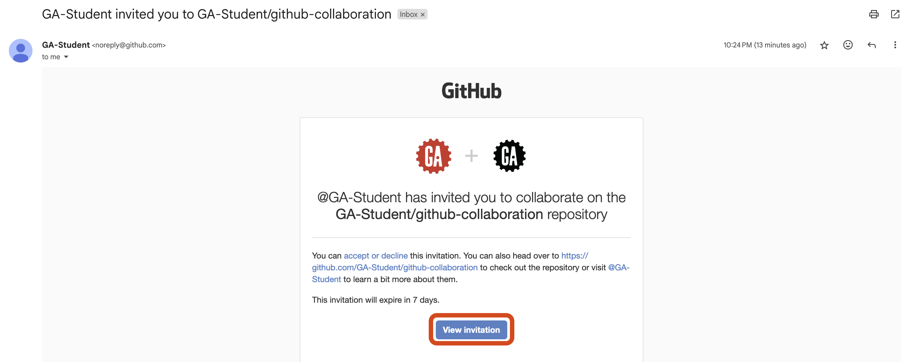 Email invitation from GitHub. The body of the email includes an invitation from @GA-Student to collaborate on the repository 'GA-Student/github-collaboration'. There is an option to accept or decline the invitation, with a link to view the invitation. The 'View invitation' button is outlined in red.