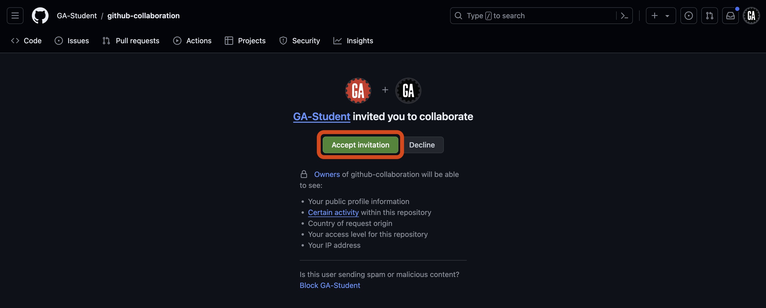 GitHub collaboration invitation acceptance page. The page shows that GA-Student has invited the user to collaborate on the repository 'github-collaboration'. There are options to 'Accept invitation' or 'Decline'. The 'Accept invitation' button is outlined in red.