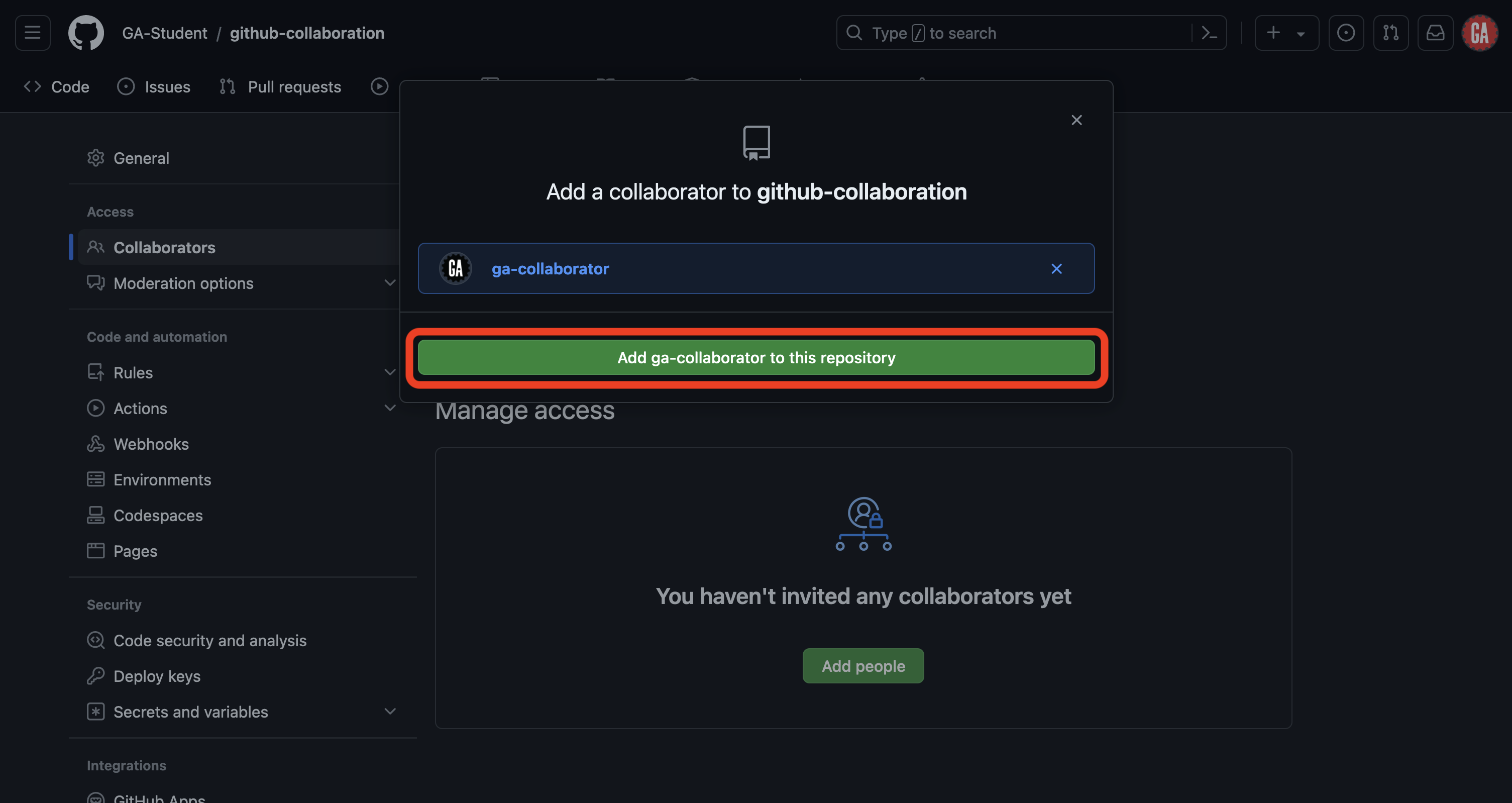 Screenshot of the 'Collaborators' section in the 'Settings' tab of a GitHub repository. The main content area shows a modal for adding a collaborator to the repository. The 'ga-collaborator' username is selected, and below it is a green button labeled 'Add ga-collaborator to this repository' which is outlined in red.
