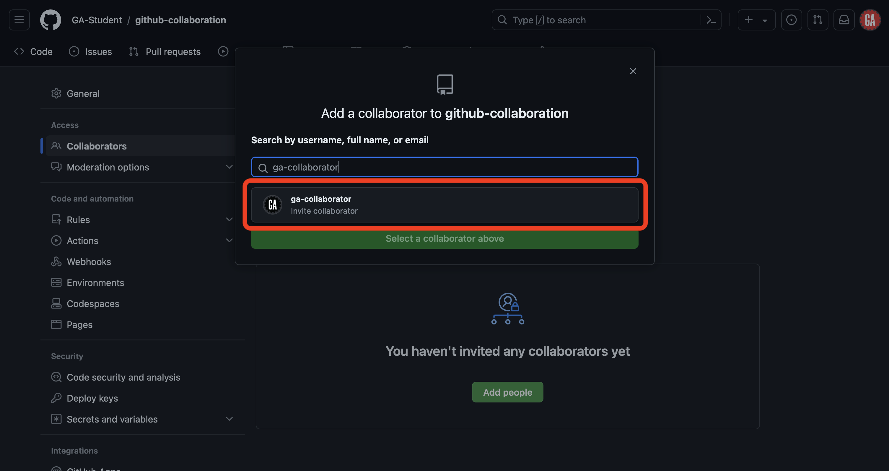 Screenshot of the 'Collaborators' section in the 'Settings' tab of a GitHub repository. The main content area shows a modal for adding a collaborator to the repository. In the search field, 'ga-collaborator' is typed, and a result is highlighted and outlined in red.