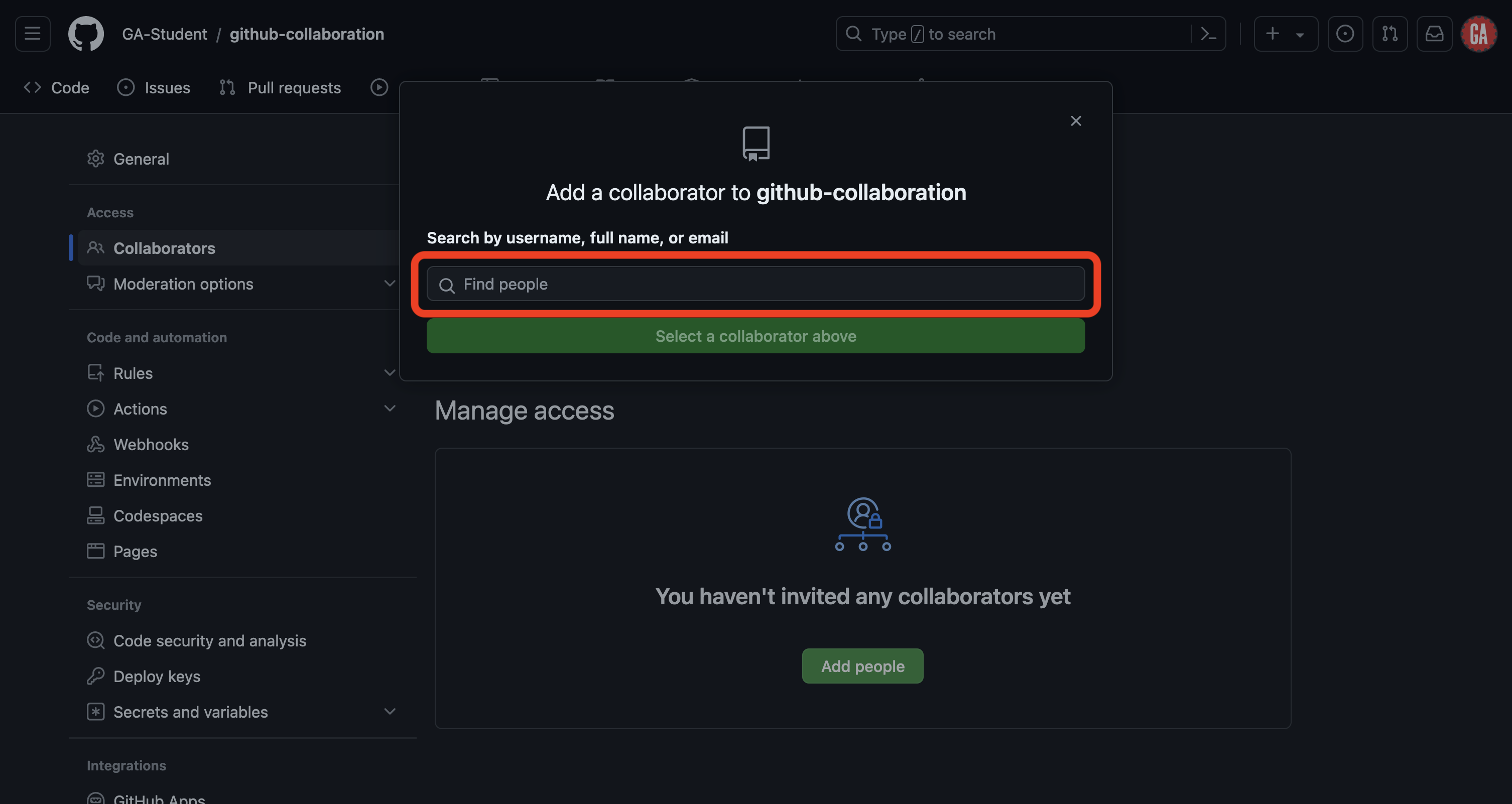Screenshot of the 'Collaborators' section in the 'Settings' tab of a GitHub repository. The main content area shows a modal for adding a collaborator to the repository. The search field labeled 'Find people' is outlined in red.