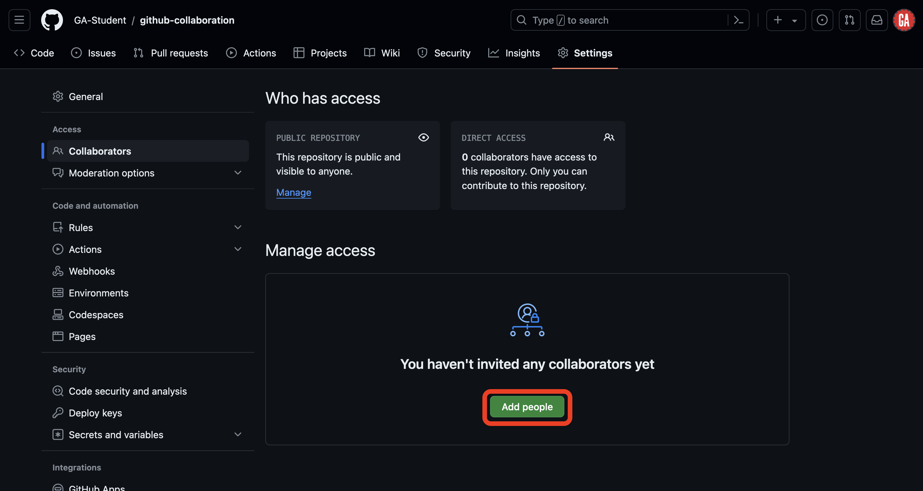 Screenshot of the 'Collaborators' section in the 'Settings' tab of a GitHub repository. The 'Manage access' section indicates no collaborators have been invited yet, and there is a green 'Add people' button outlined in red.