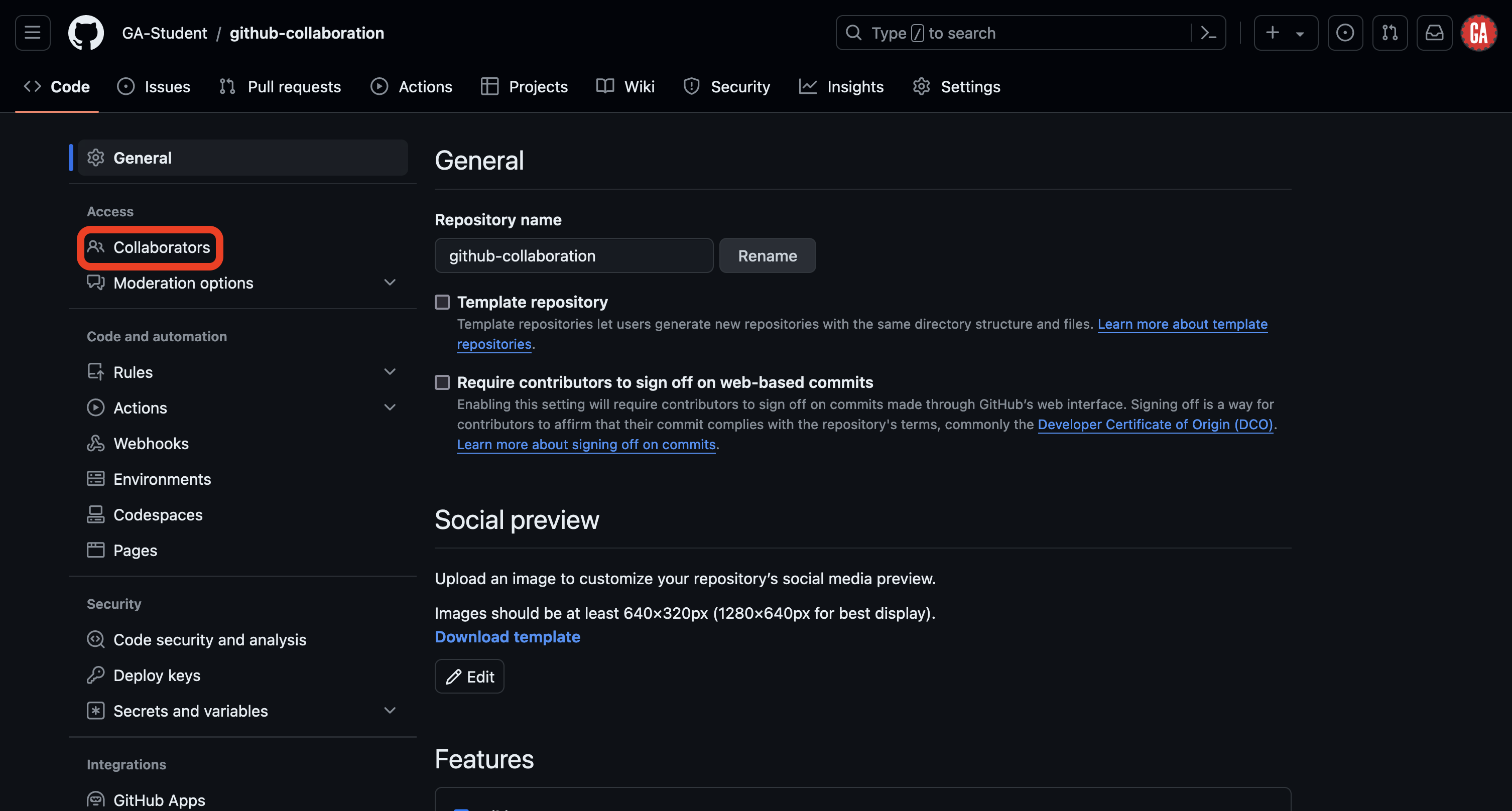 Screenshot of the 'Settings' tab in a GitHub repository page. The sidebar on the left includes sections for 'General', 'Access', 'Code and automation', 'Security', and 'Integrations'. The 'Collaborators' link inside the 'Access' section is outlined in red.