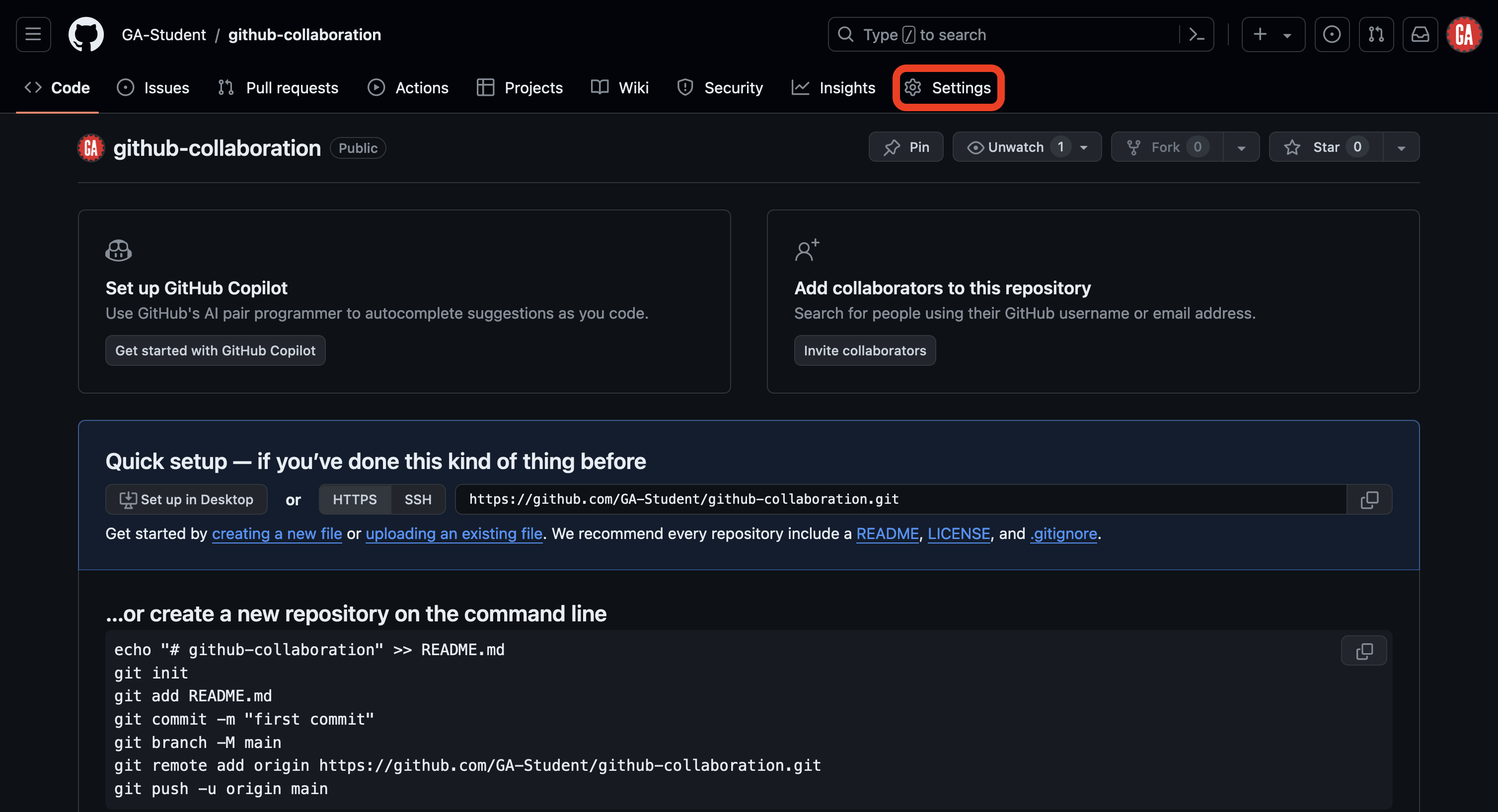 Screenshot of a GitHub repository page. The navigation bar at the top includes tabs - the 'Settings' tab is outlined in red.
