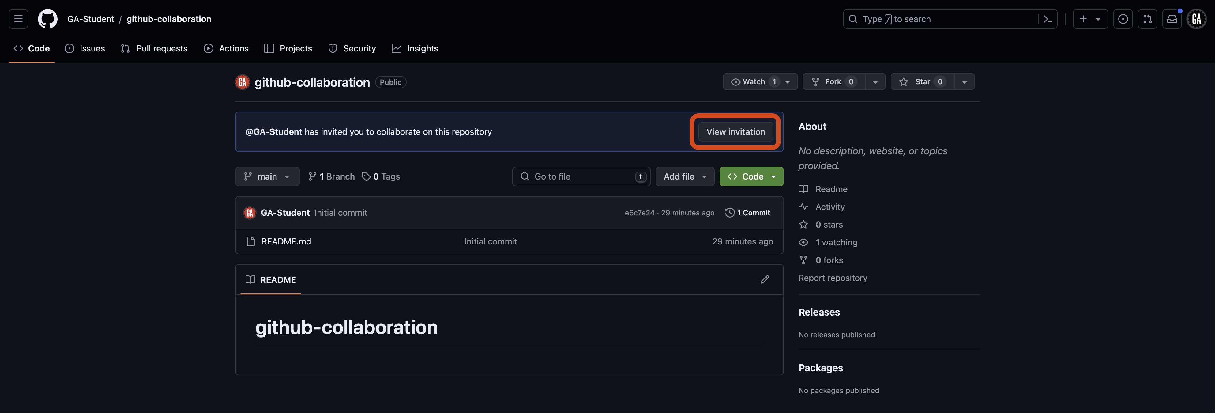 Screenshot of a GitHub repository page. There is a callout at the top of the repo page, inviting you to collaborate on the repository.