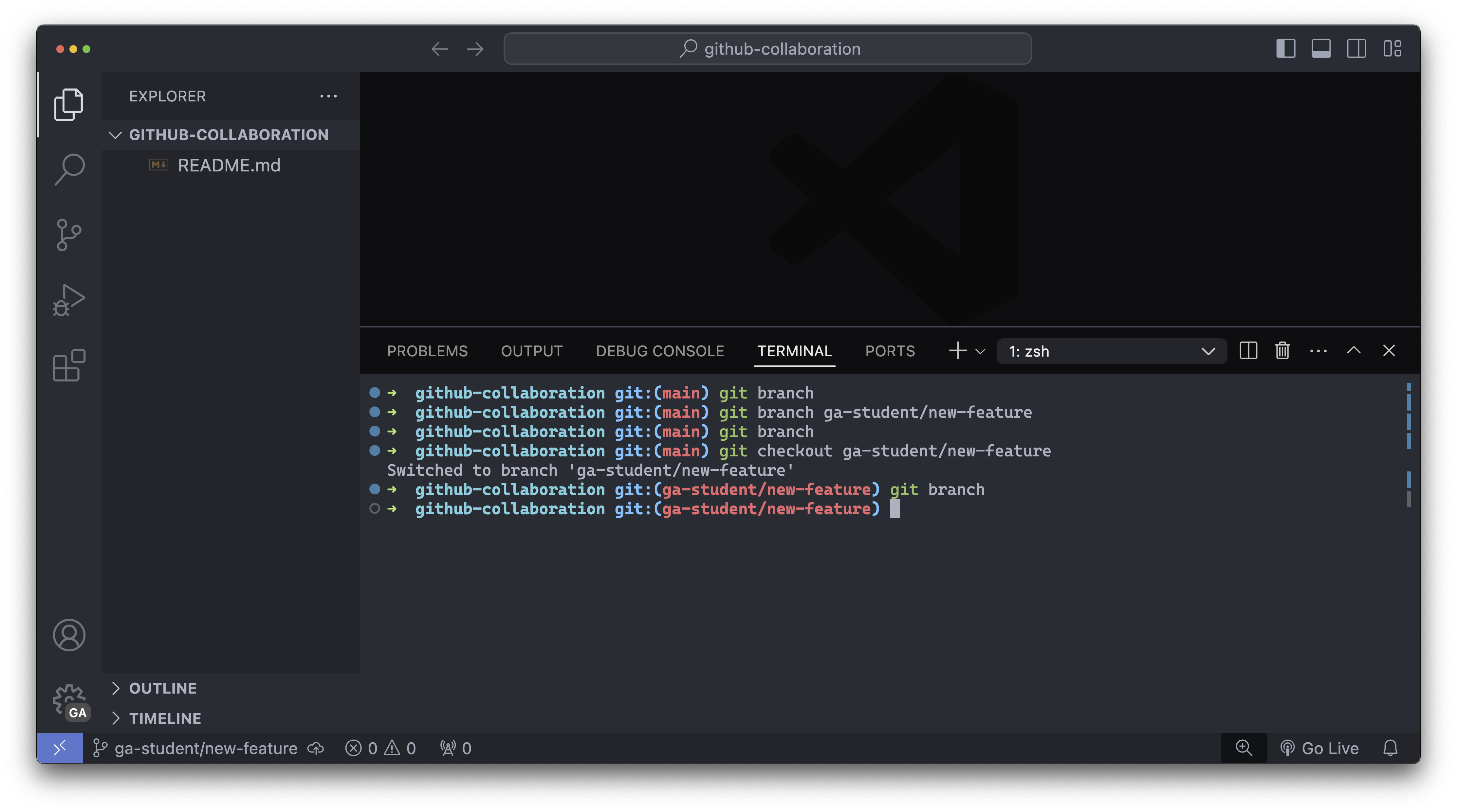 The branching flow we just completed, shown in the terminal