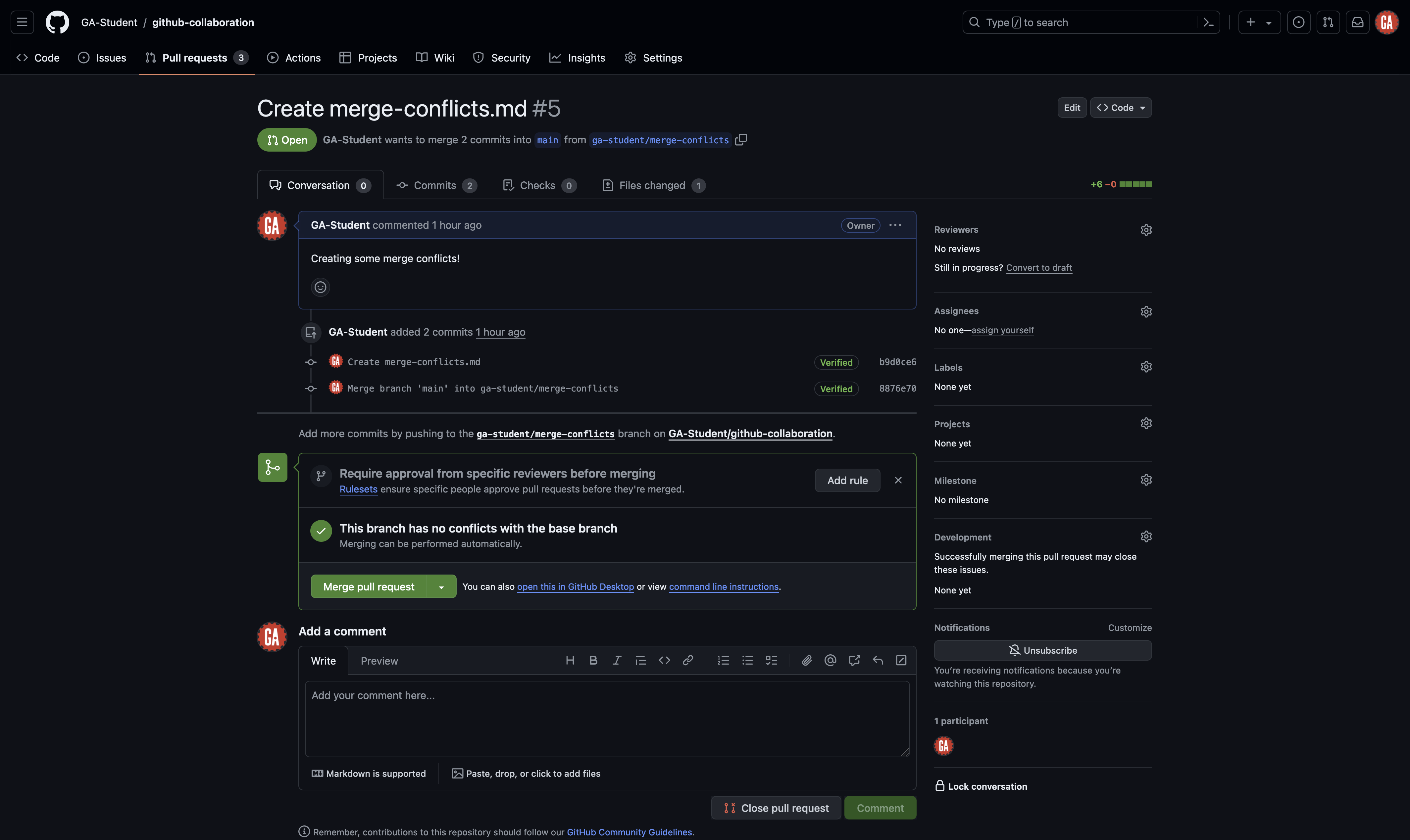 We can now merge the pull request we made on GitHub earlier!