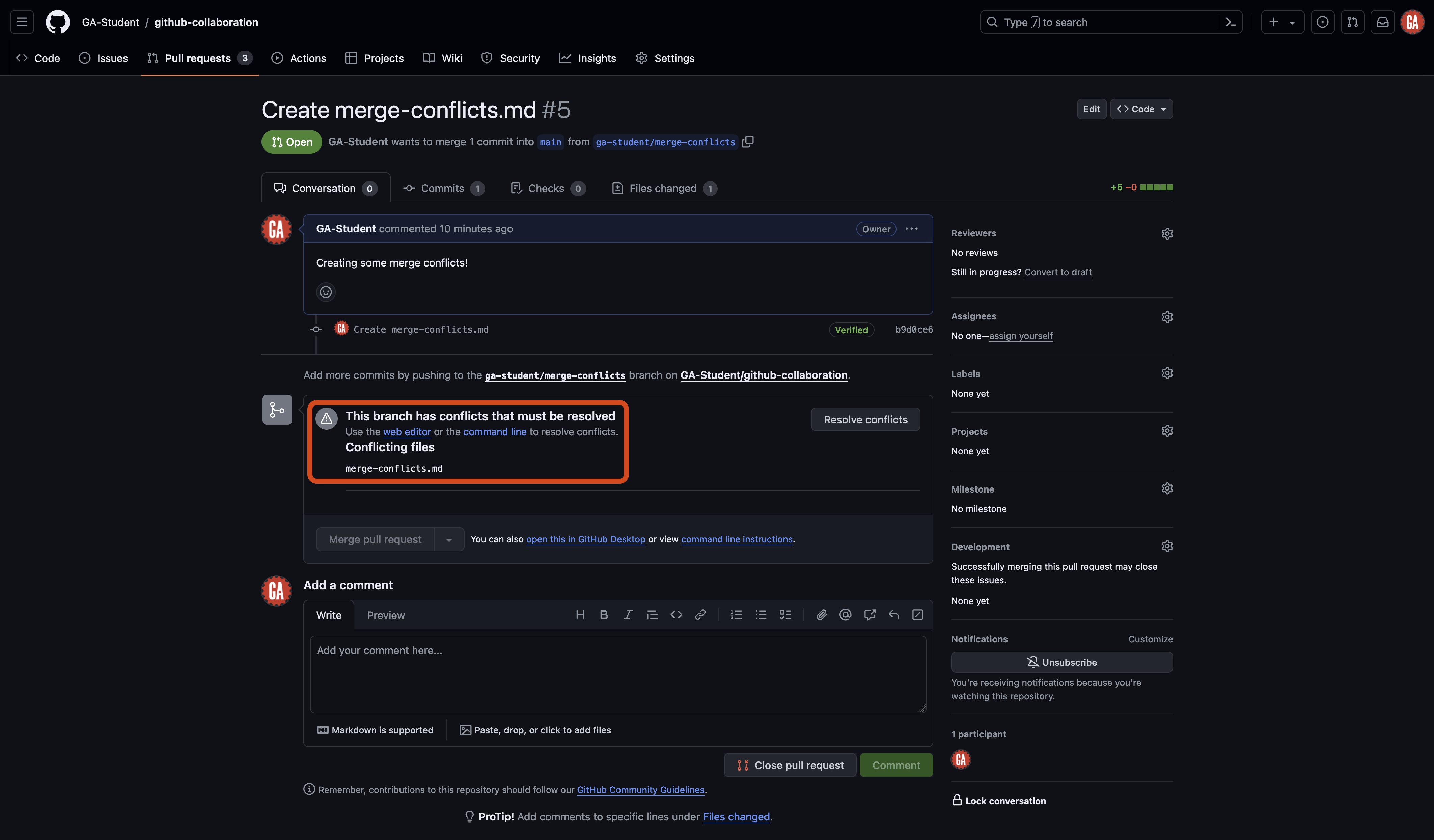 Screenshot of the GitHub repository page for 'github-collaboration' in the 'GA-Student' account. The 'create merge-conflicts.md' pull request is shown. The branch cannot be merged before its conflicts are resolved.