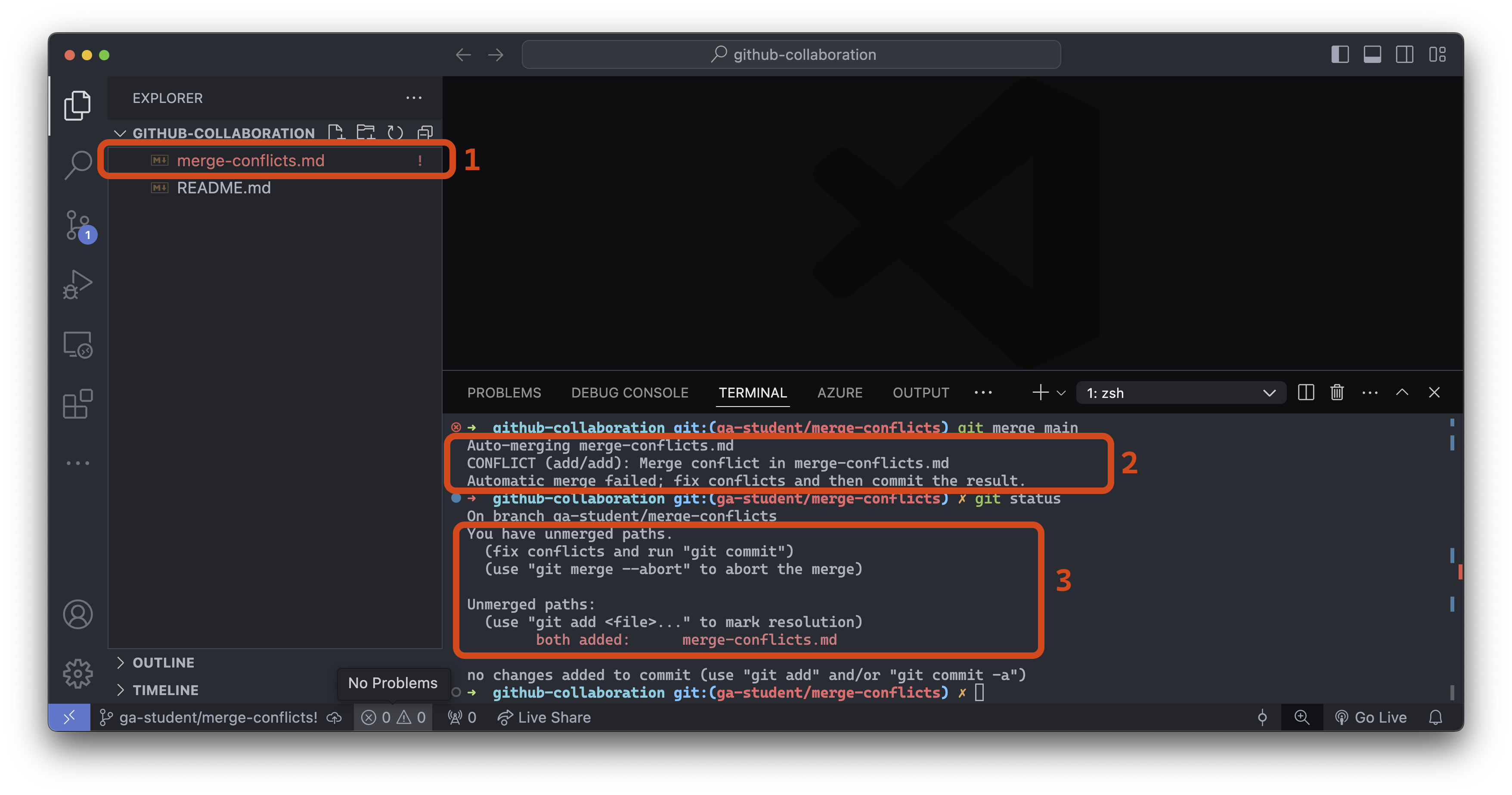 The VS Code UI, using various methods to inform us of our conflicted code.
