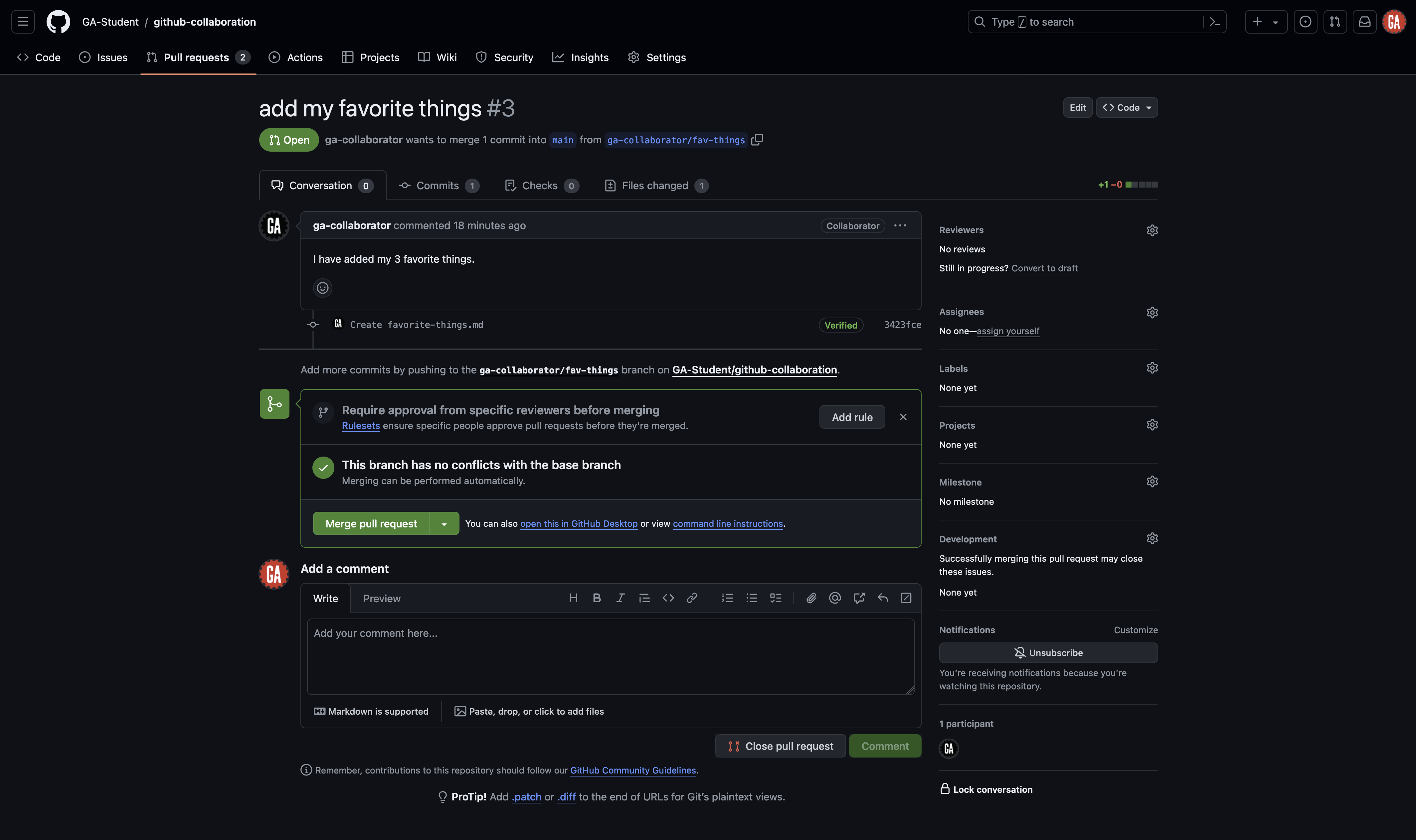 Screenshot of the GitHub repository page for 'github-collaboration' in the 'GA-Student' account. The 'add my favorite things' pull request is shown.