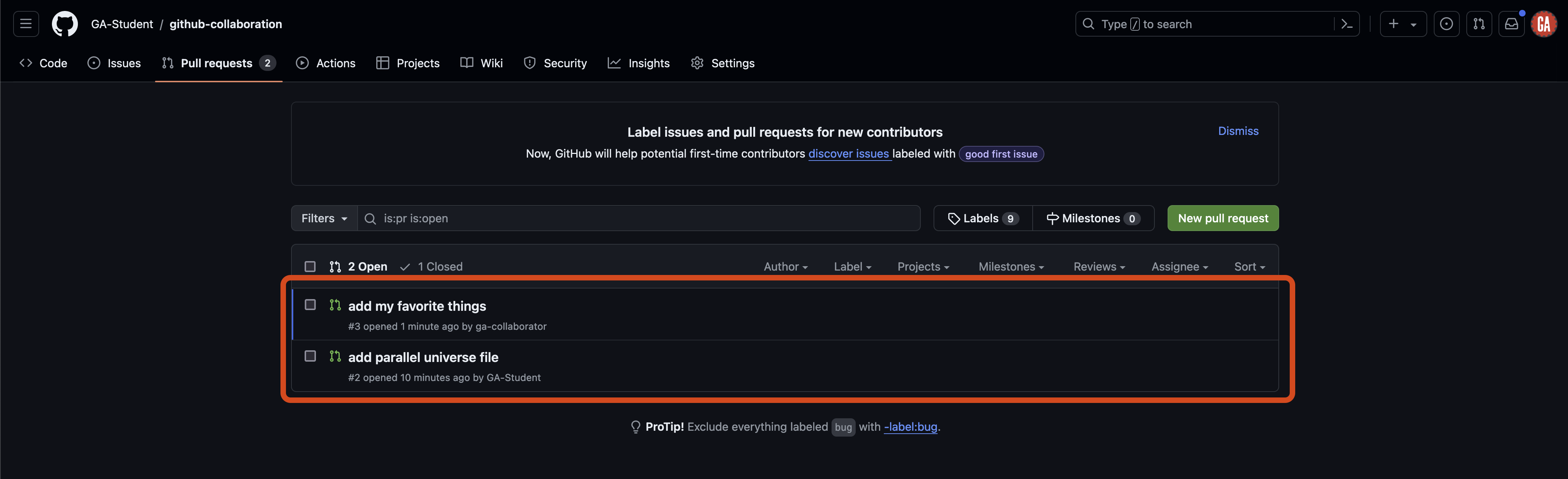 Screenshot of the GitHub repository page for 'github-collaboration' in the 'GA-Student' account. There is an open pull request shown outlined in red.