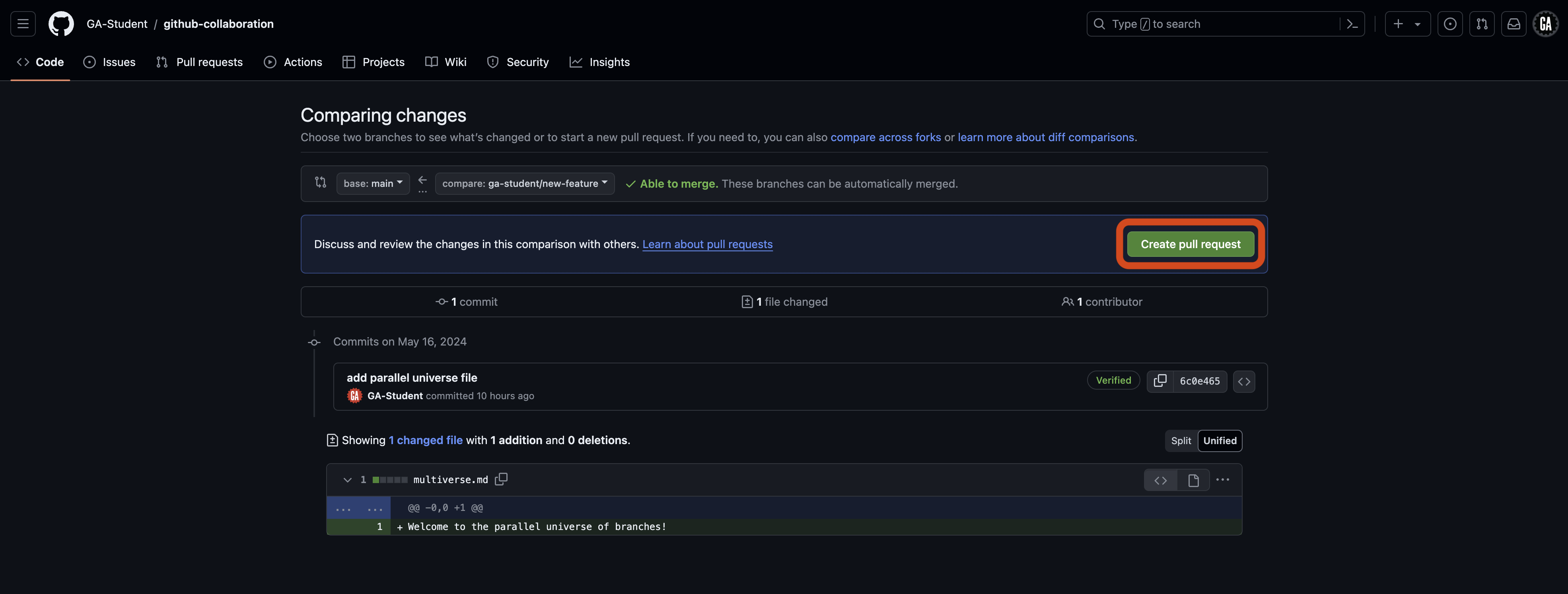 Screenshot of the GitHub 'Comparing changes' page for the repository 'github-collaboration' in the 'GA-Student' account. The comparison is between the 'main' branch and the 'ga-student/new-feature' branch. The page shows that the branches are 'Able to merge' and the 'Create pull request' button is outlined in red. Below, there is a section displaying '1 commit' and '1 file changed' with '1 addition and 0 deletions.'.