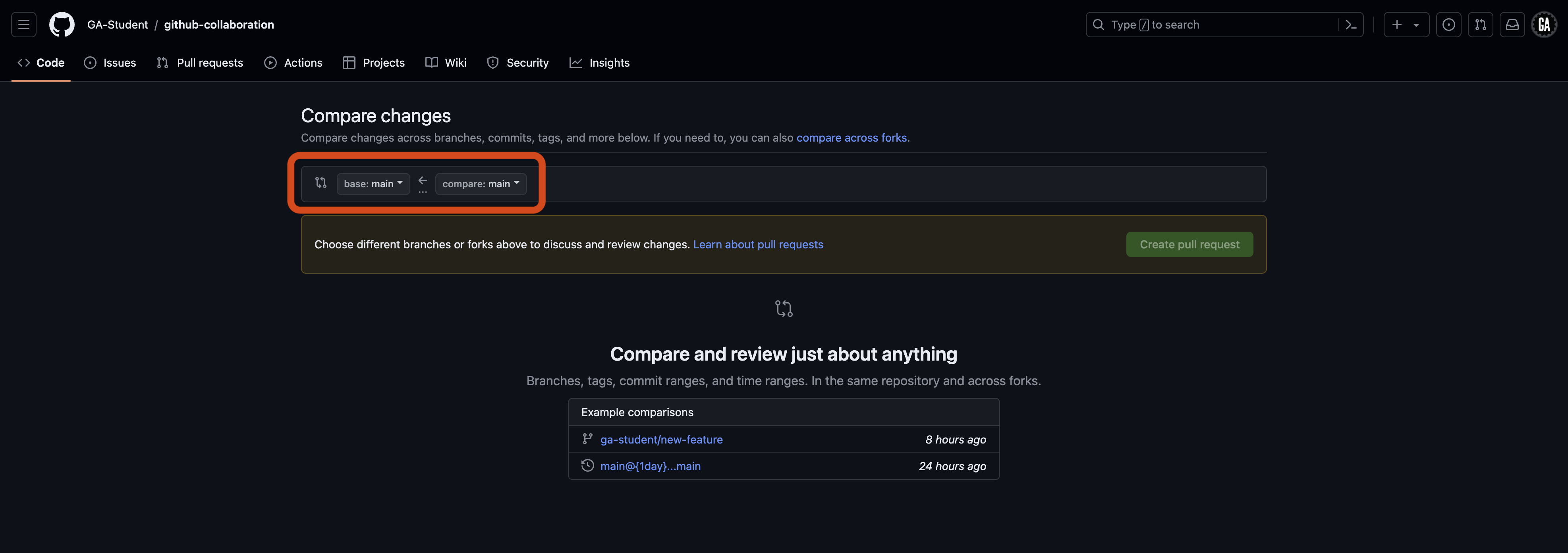 Screenshot of the GitHub 'Compare changes' page for the repository 'github-collaboration' in the 'GA-Student' account. The page allows users to compare changes across branches, commits, tags, and more. The user can select a base branch and a comparison branch from dropdown menus. These are outlined in red.