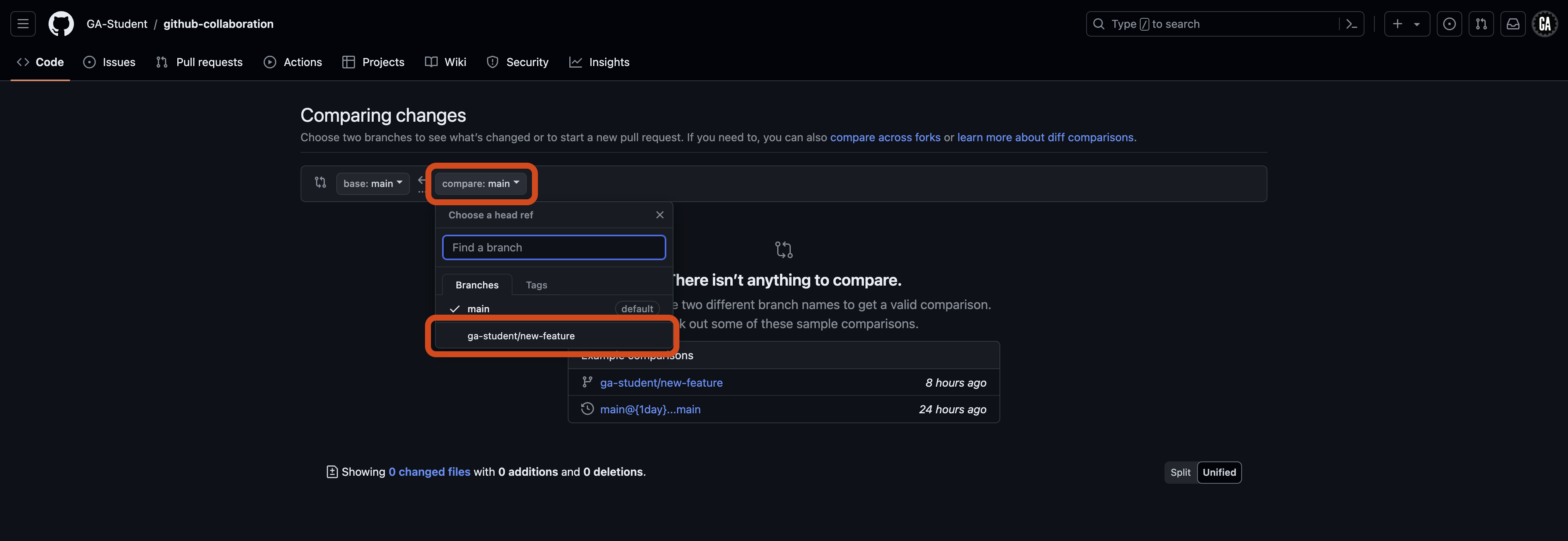 Screenshot of the GitHub 'Compare changes' page for the repository 'github-collaboration' in the 'GA-Student' account. The 'compare' dropdown menu outlined in red is open, allowing the user to choose a branch or tag to compare with. In the branch list, 'ga-student/new-feature' is outlined in red.