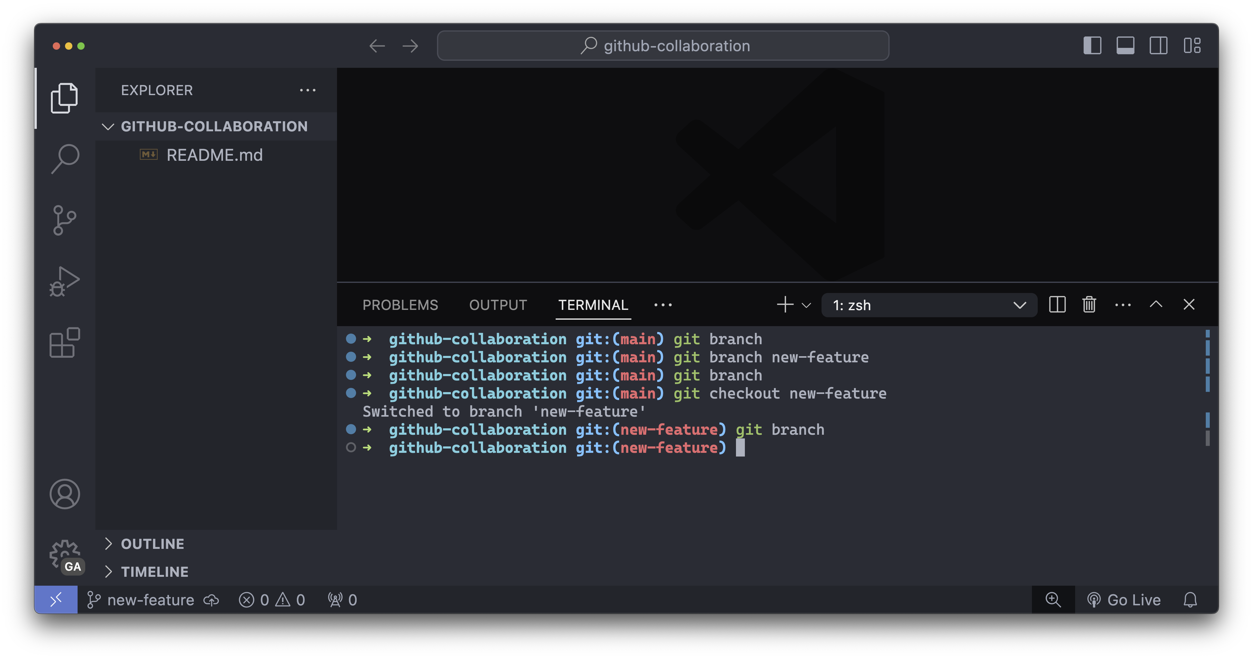 The branching flow we just completed, shown in the terminal