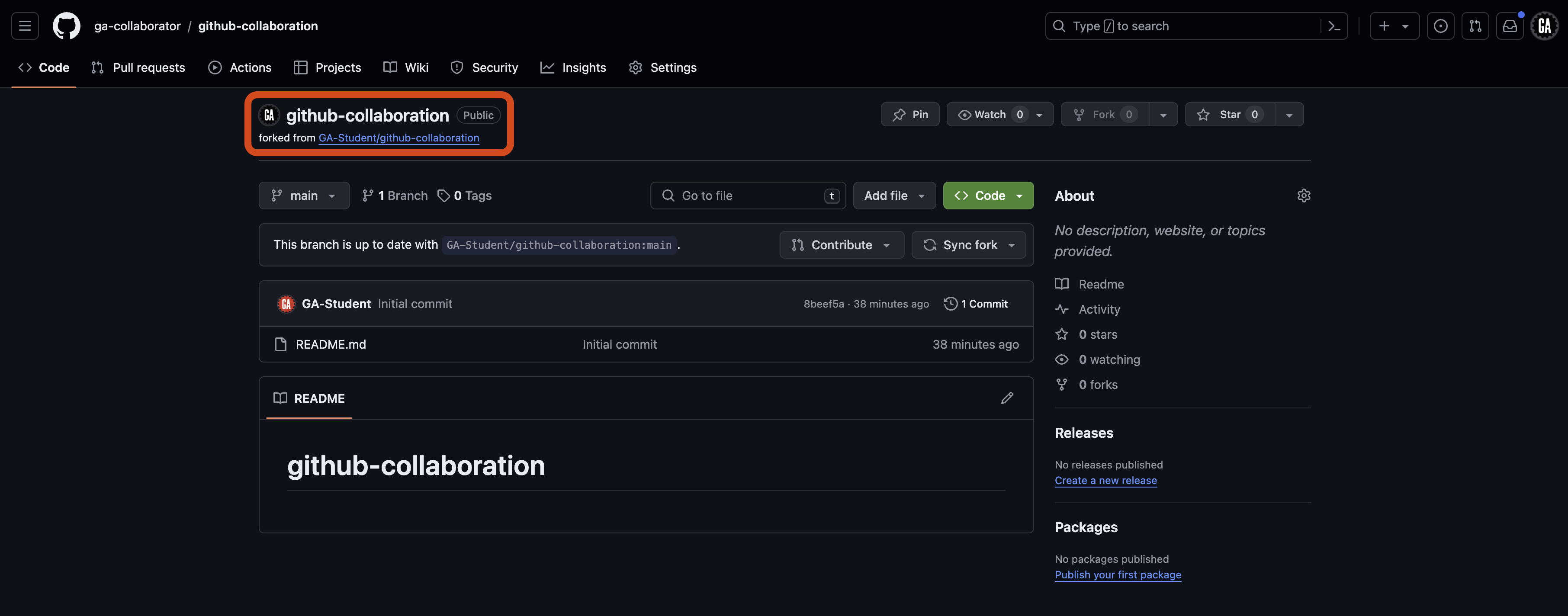 Screenshot of the GitHub repository page for 'ga-collaborator/github-collaboration', showing that it is forked from 'GA-Student/github-collaboration'.