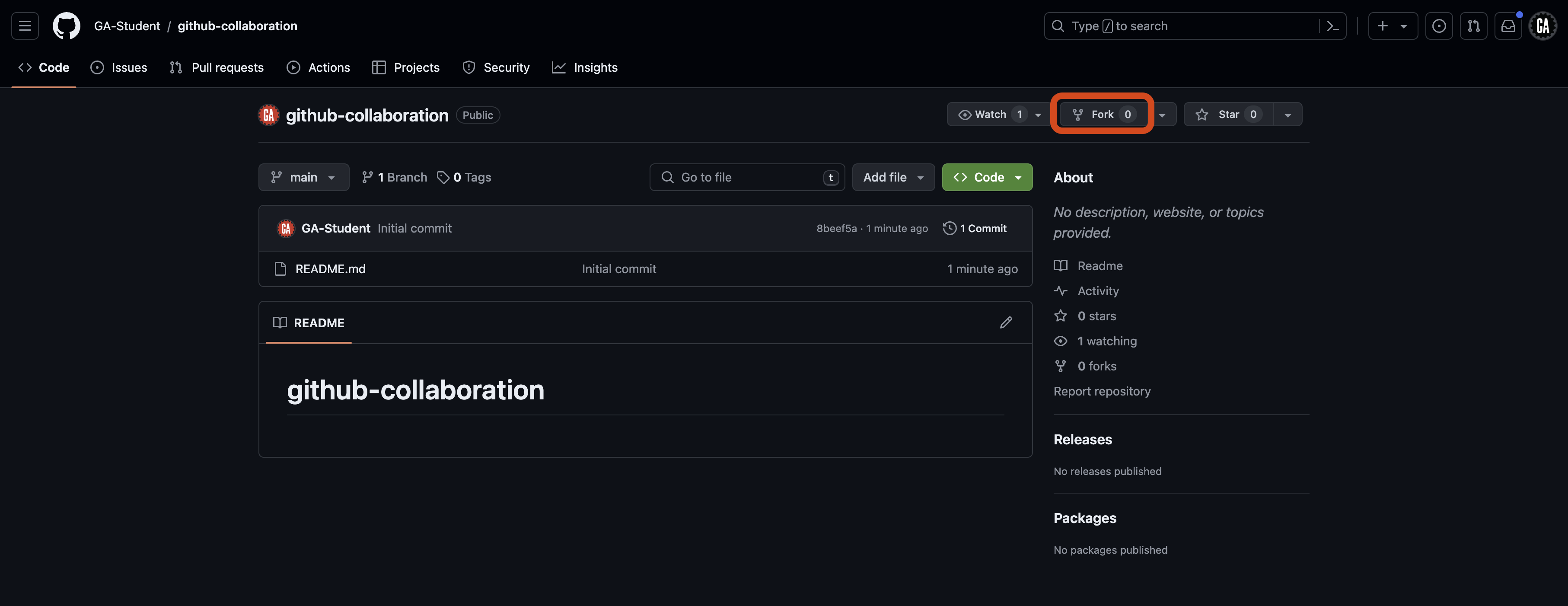 Screenshot of the GitHub repository page for 'github-collaboration'. In the top right, the 'Fork' button is outlined in red.