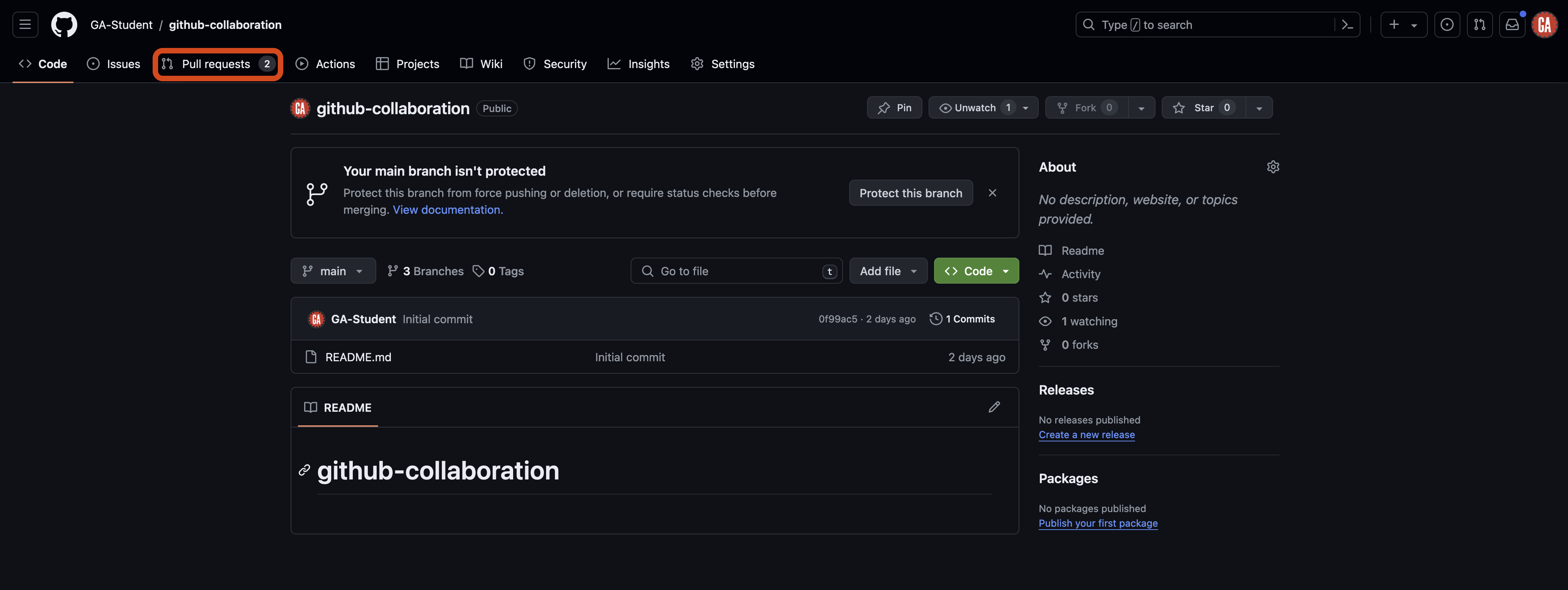 Screenshot of the GitHub repository page for 'github-collaboration' in the 'GA-Student' account. The 'Pull requests' tab is outlined in red and a notification shows 2 pull requests pending.