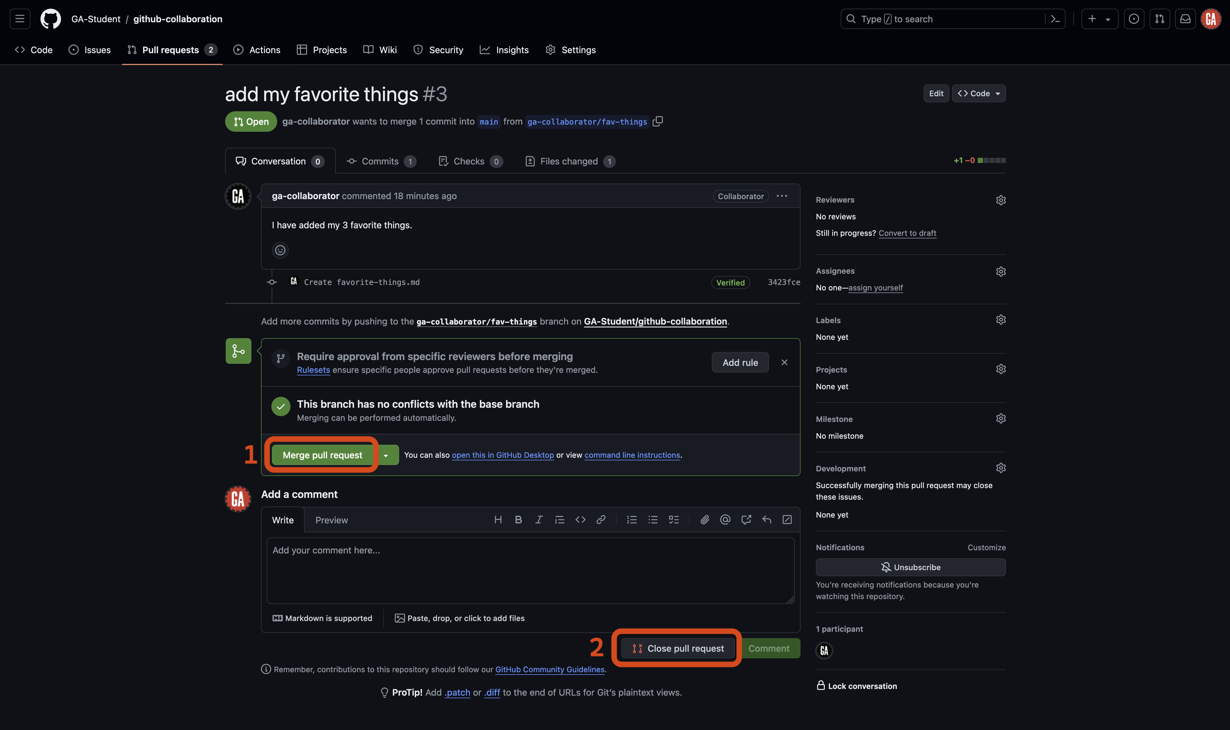 The same 'add my favorite things' pull request from above is shown labeled with numbers corresponding with UI elements detailed below.