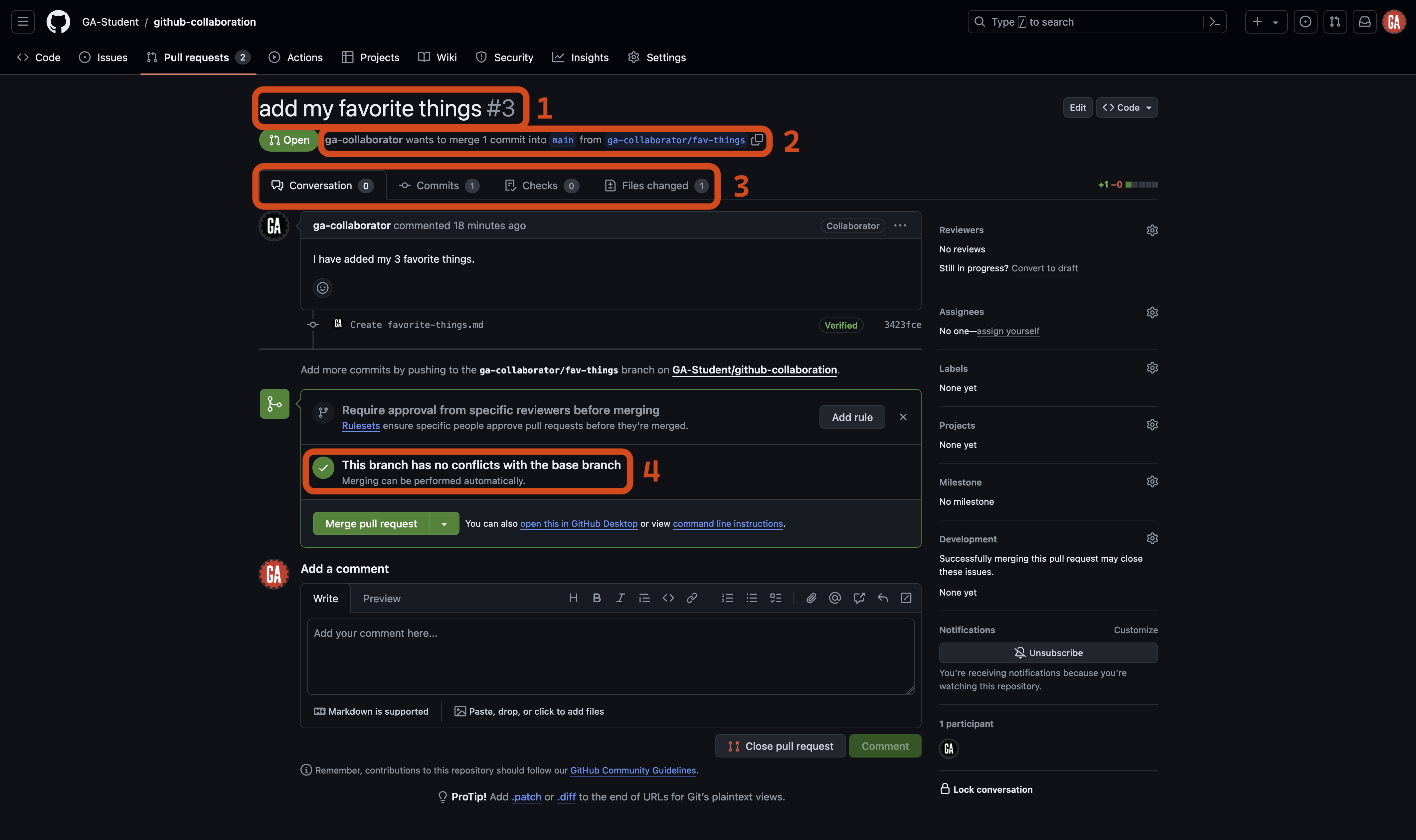 The same 'add my favorite things' pull request from above is shown labeled with numbers corresponding with UI elements detailed below.