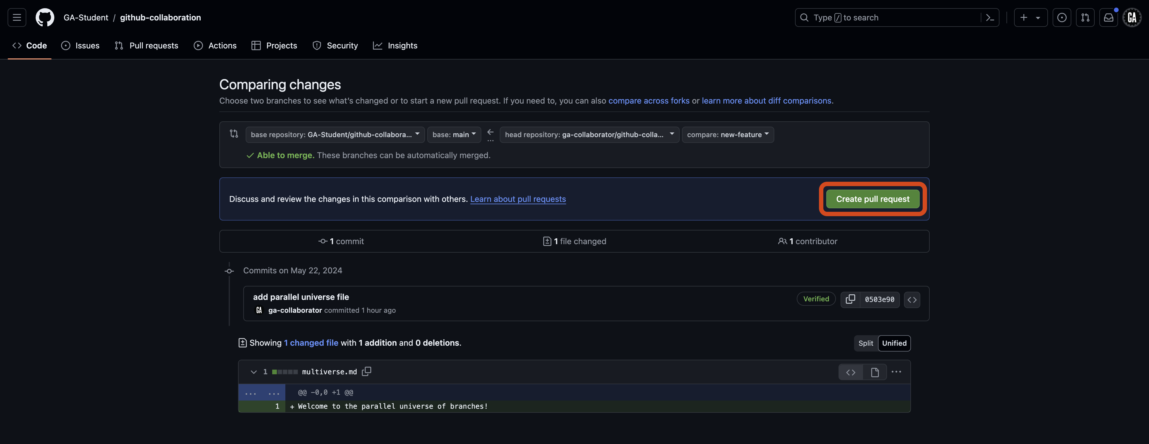 Screenshot of the GitHub 'Comparing changes' page for the repository 'github-collaboration' in the 'GA-Student' account. The comparison is between the 'main' branch and the 'ga-student/new-feature' branch. The page shows that the branches are 'Able to merge' and the 'Create pull request' button is outlined in red. Below, there is a section displaying '1 commit' and '1 file changed' with '1 addition and 0 deletions.'.