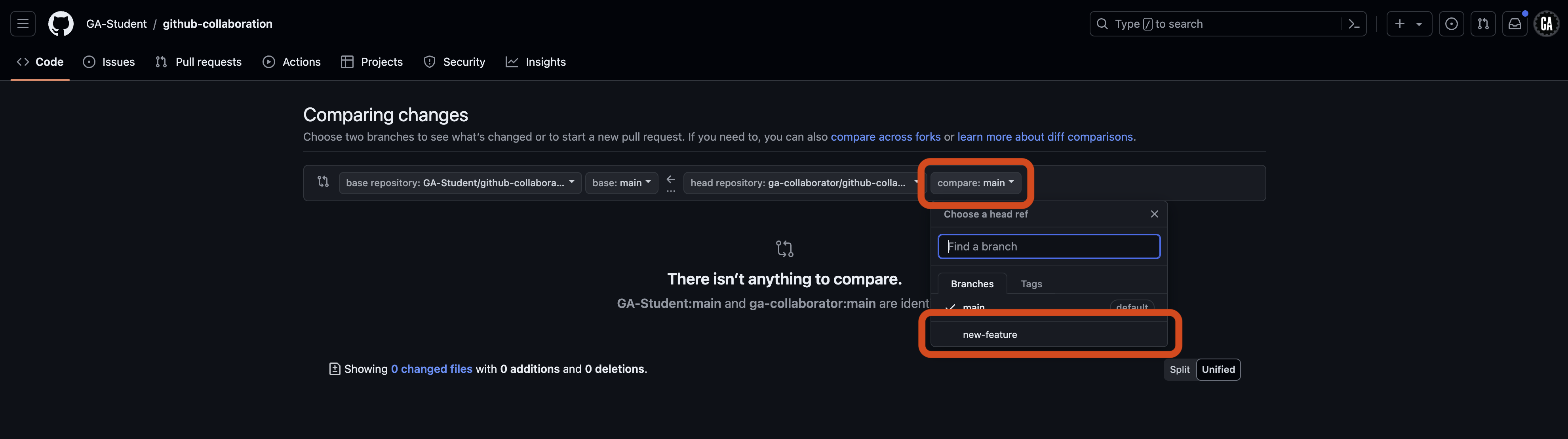 Screenshot of the GitHub 'Compare changes' page for the repository 'github-collaboration' in the 'GA-Student' account. The 'compare' dropdown menu outlined in red is open, allowing the user to choose a branch or tag to compare with. In the branch list, 'ga-student/new-feature' is outlined in red.