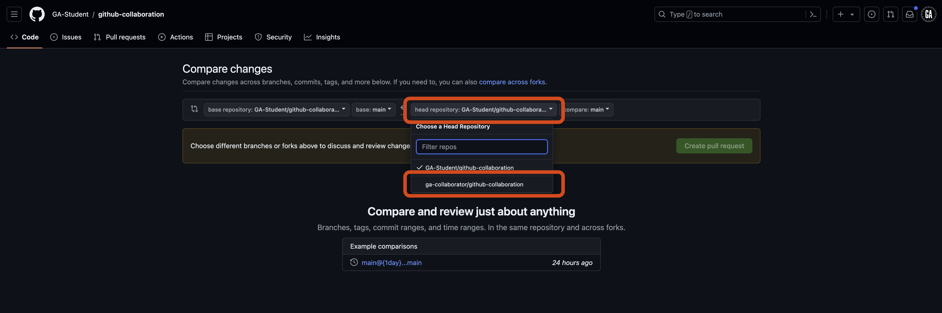 Screenshot of the GitHub 'Compare changes' page for the repository 'github-collaboration' in the 'GA-Student' account. The 'compare' dropdown menu outlined in red is open, allowing the user to choose a branch or tag to compare with. In the branch list, 'ga-student/new-feature' is outlined in red.