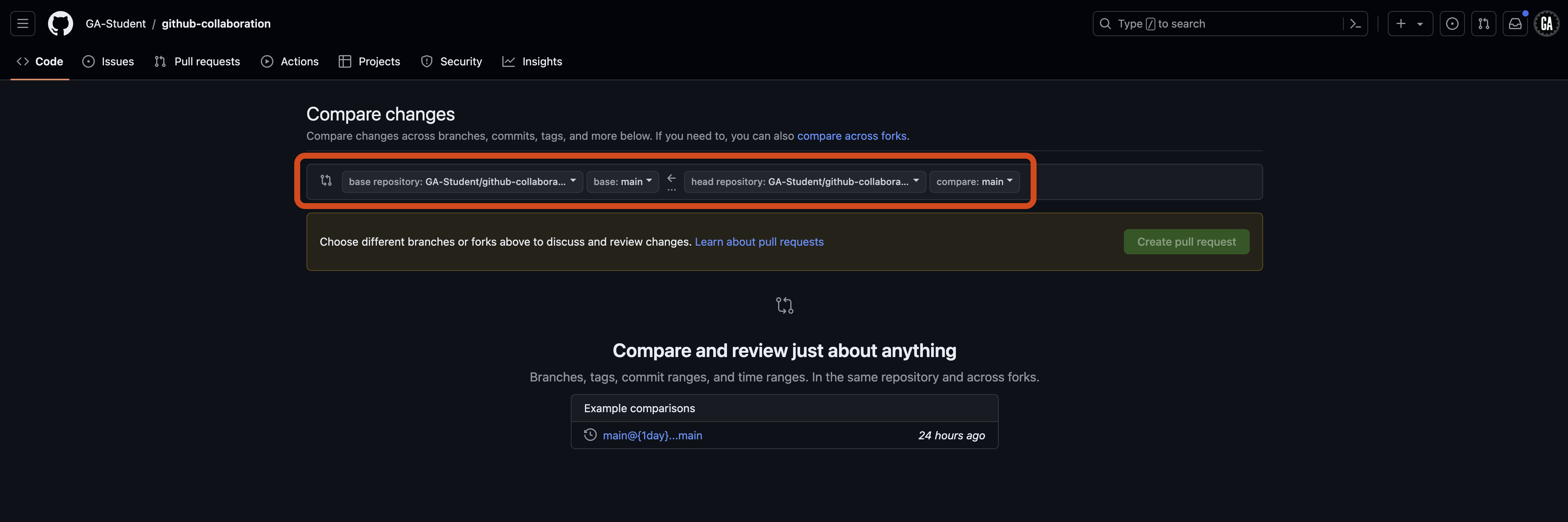 Screenshot of the GitHub 'Comparing changes' page for the repository 'github-collaboration' in the 'GA-Student' account. Under the 'Compare changes' header, the 'compare across forks' user interface is highlighted in red.