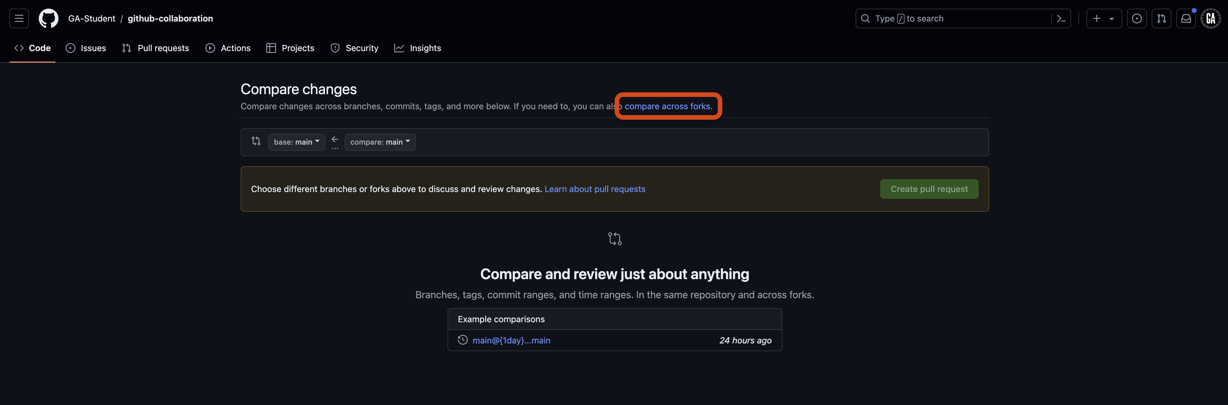 Screenshot of the GitHub 'Comparing changes' page for the repository 'github-collaboration' in the 'GA-Student' account. Under the 'Compare changes' header, the 'compare across forks' text is outlined in red.