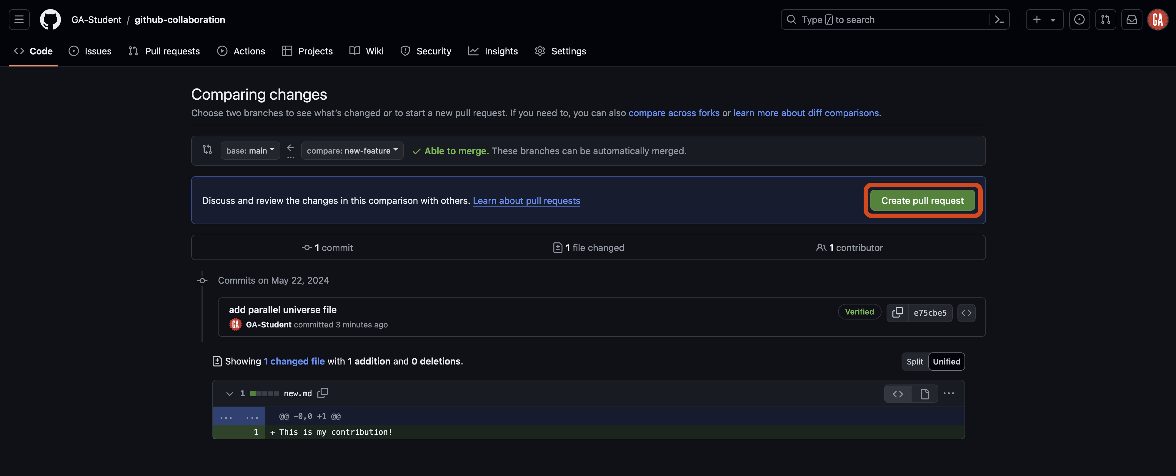 Screenshot of the GitHub 'Comparing changes' page for the repository 'github-collaboration' in the 'GA-Student' account. The comparison is between the 'main' branch and the 'ga-student/new-feature' branch. The page shows that the branches are 'Able to merge' and the 'Create pull request' button is outlined in red. Below, there is a section displaying '1 commit' and '1 file changed' with '1 addition and 0 deletions.'.