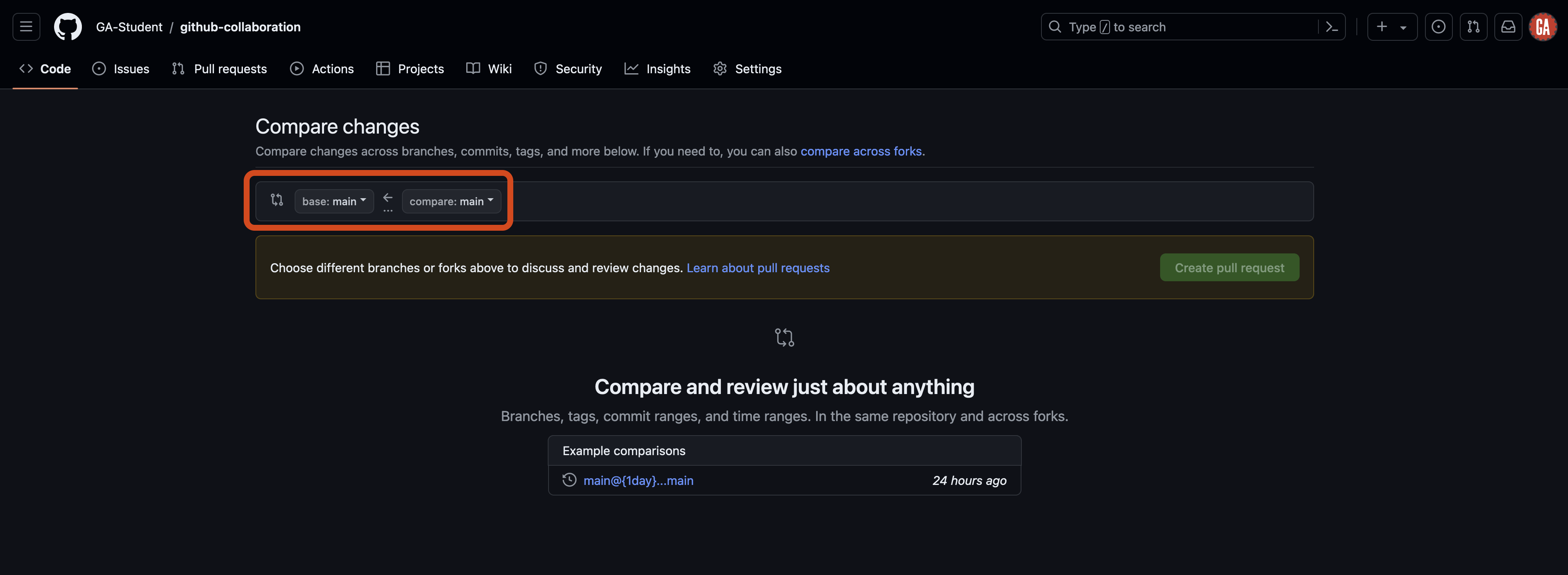 Screenshot of the GitHub 'Compare changes' page for the repository 'github-collaboration' in the 'GA-Student' account. The page allows users to compare changes across branches, commits, tags, and more. The user can select a base branch and a comparison branch from dropdown menus. These are outlined in red.