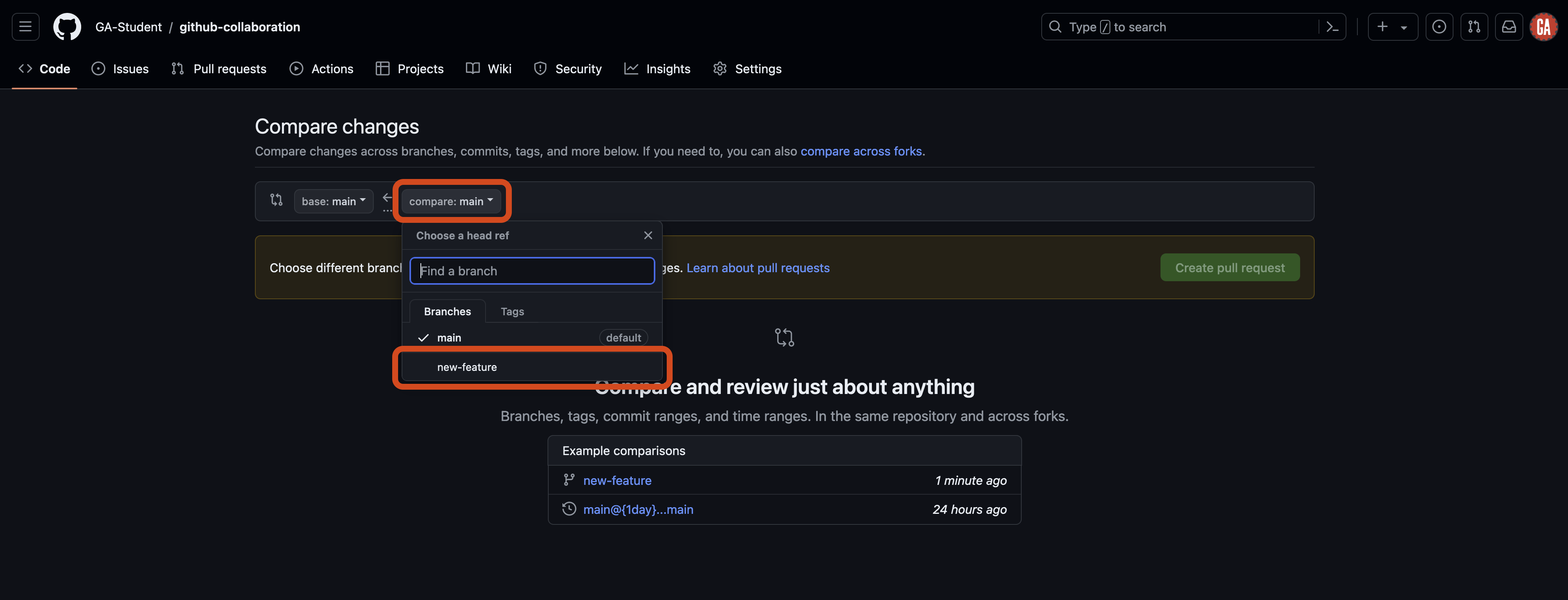 Screenshot of the GitHub 'Compare changes' page for the repository 'github-collaboration' in the 'GA-Student' account. The 'compare' dropdown menu outlined in red is open, allowing the user to choose a branch or tag to compare with. In the branch list, 'ga-student/new-feature' is outlined in red.