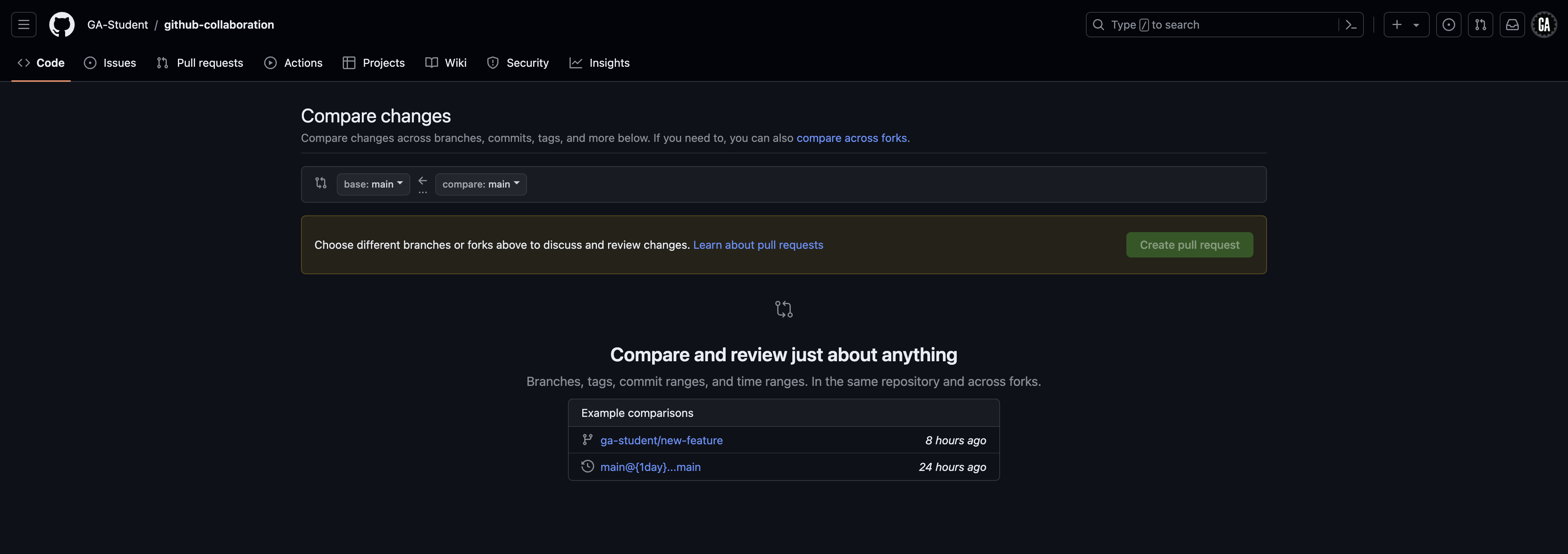 Screenshot of the GitHub 'Compare changes' page for the repository 'github-collaboration' in the 'GA-Student' account. The page allows users to compare changes across branches, commits, tags, and more. The user can select a base branch and a comparison branch from dropdown menus.