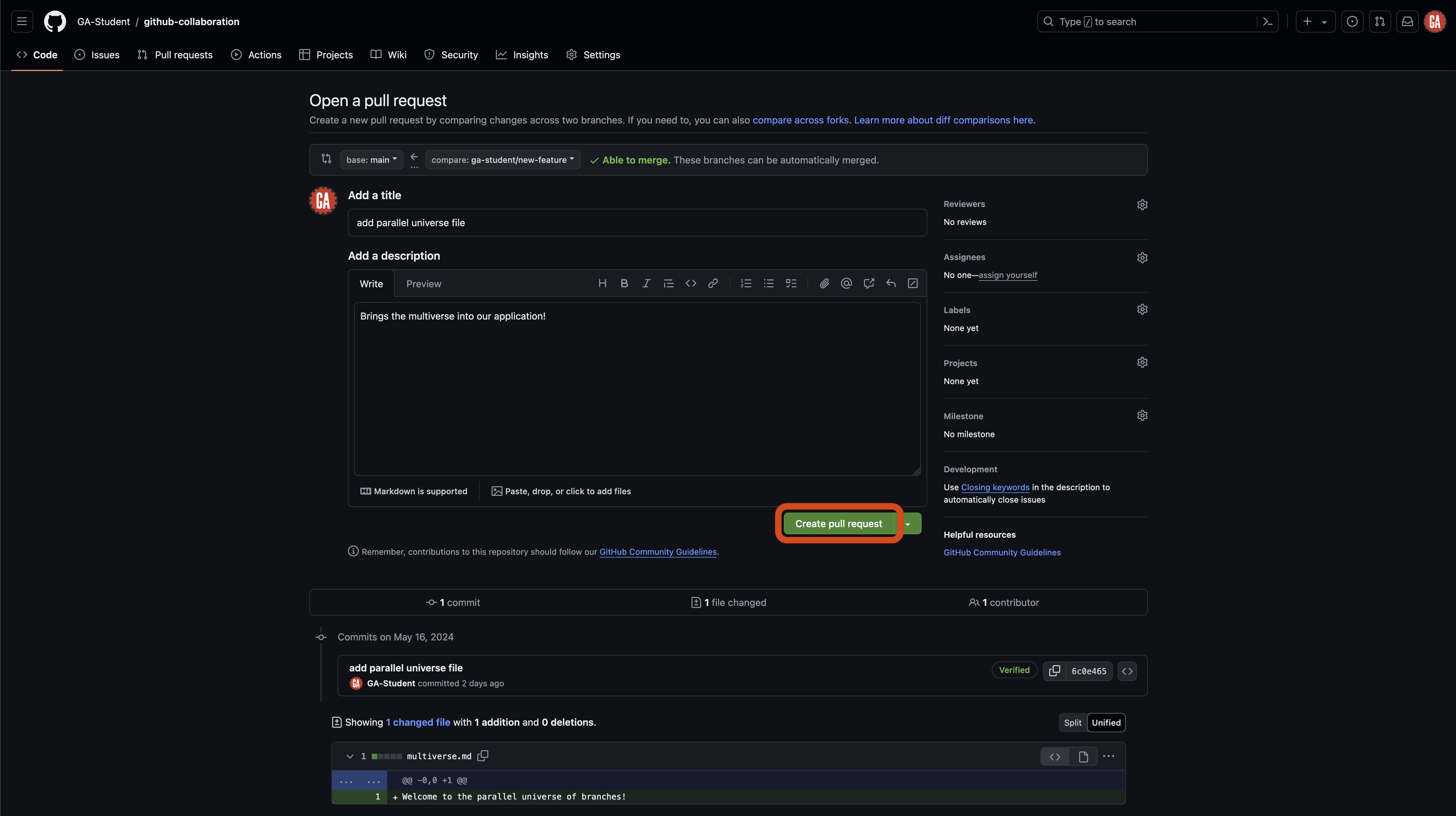 Screenshot of the 'Open a pull request' page on GitHub. The page shows a comparison between the 'main' branch and 'ga-student/new-feature' branch, with a message indicating 'Able to merge'. A green 'Create pull request' button is outlined in red.