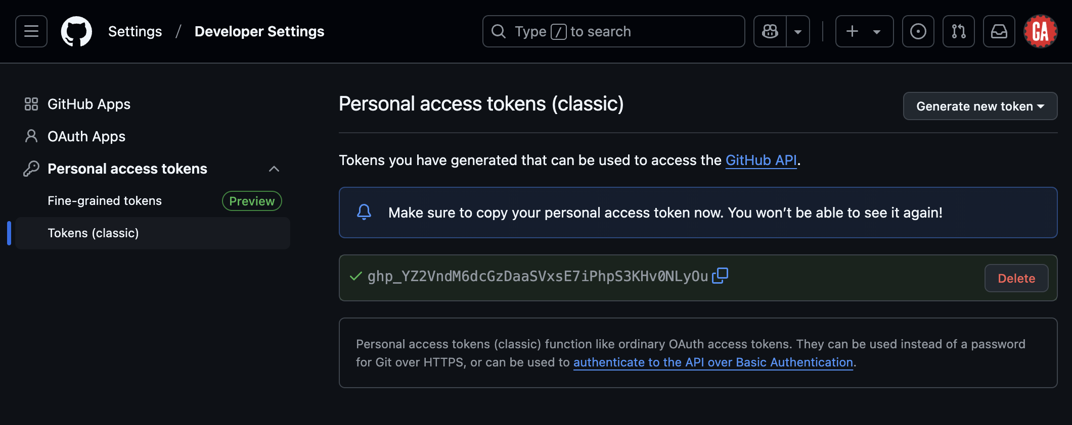 A newly created Personal Access Token!