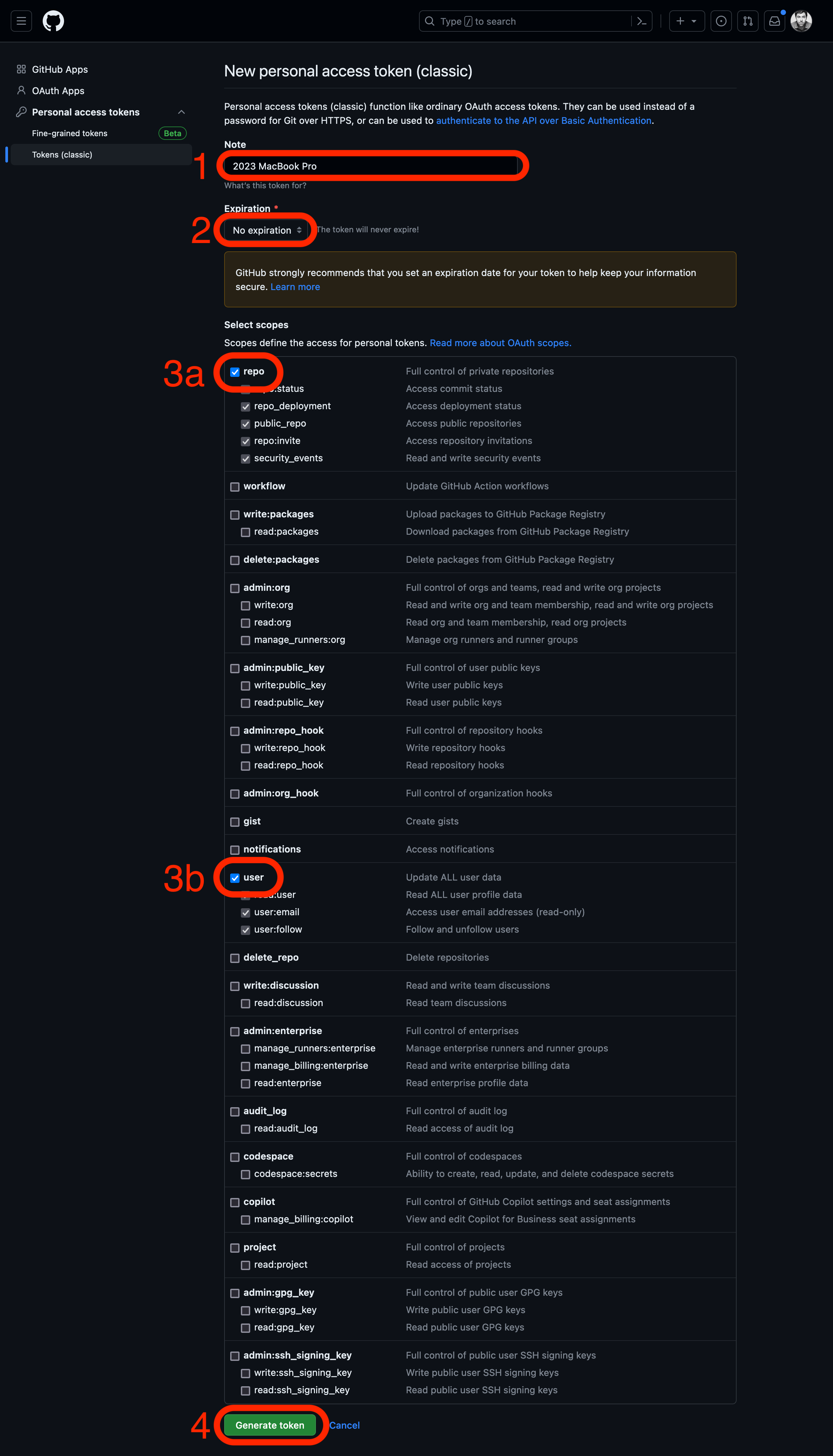 The GitHub New personal access token (classic) page. A note is provided describing the device the token is for (2023 MacBook Pro). The token has been set to never expire. The repo and user scopes are both selected. Finally, the Generate token button is highlighted.
