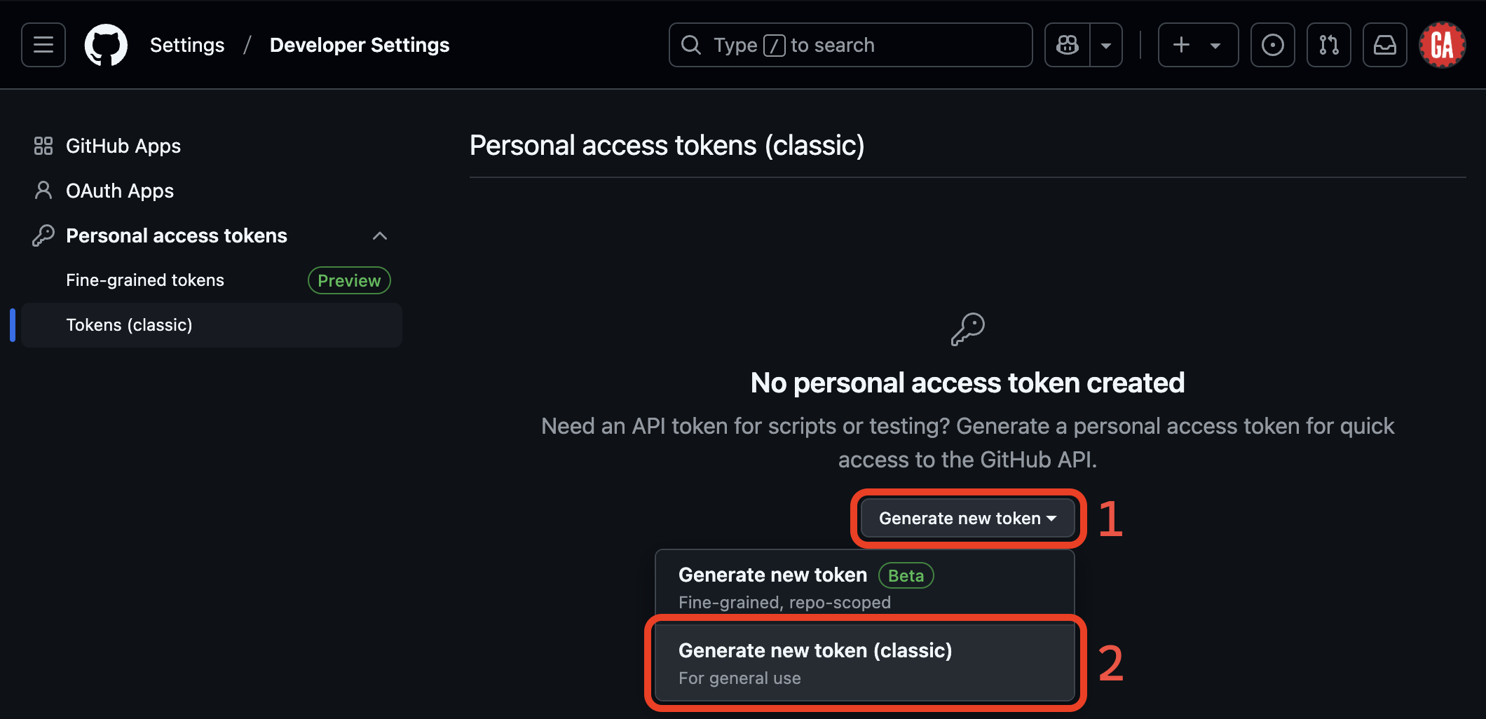 The Personal access token page in Developer Settings. Note the Generate new token button towards the top right of the page has been selected and the Generate new token (classic) option is highlighted.