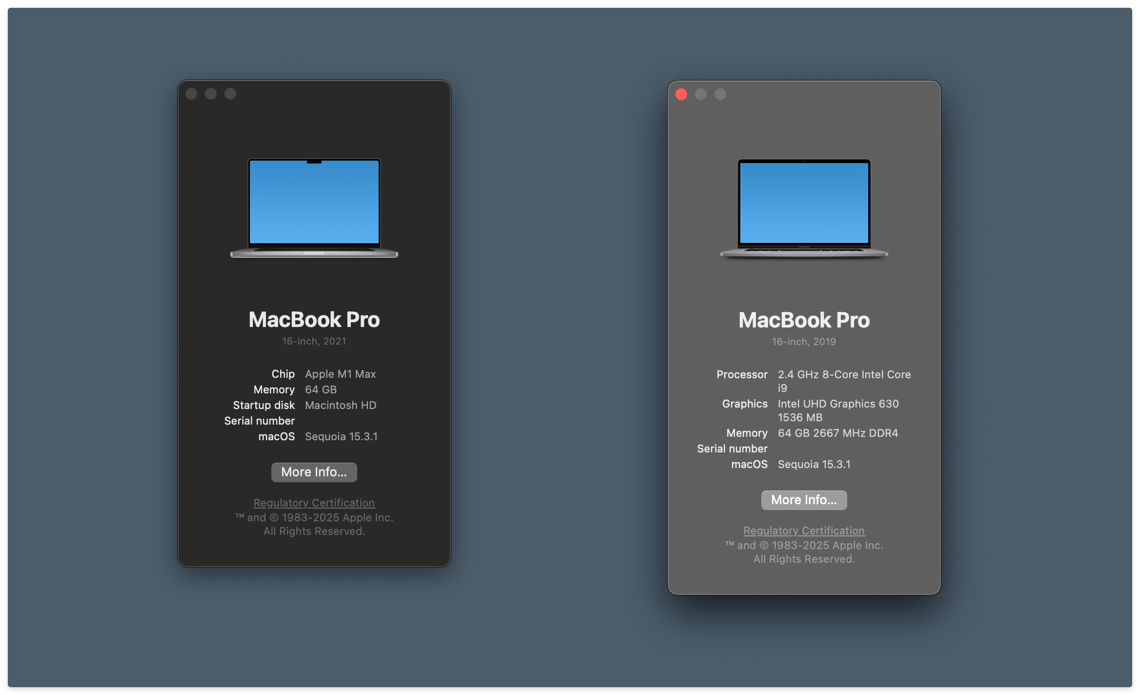 On the left, a Mac running macOS Sequoia 15.3.0 with an Apple Silicon chip. On the right, a Mac running macOS Sonoma 15.3.0 with an Intel chip.