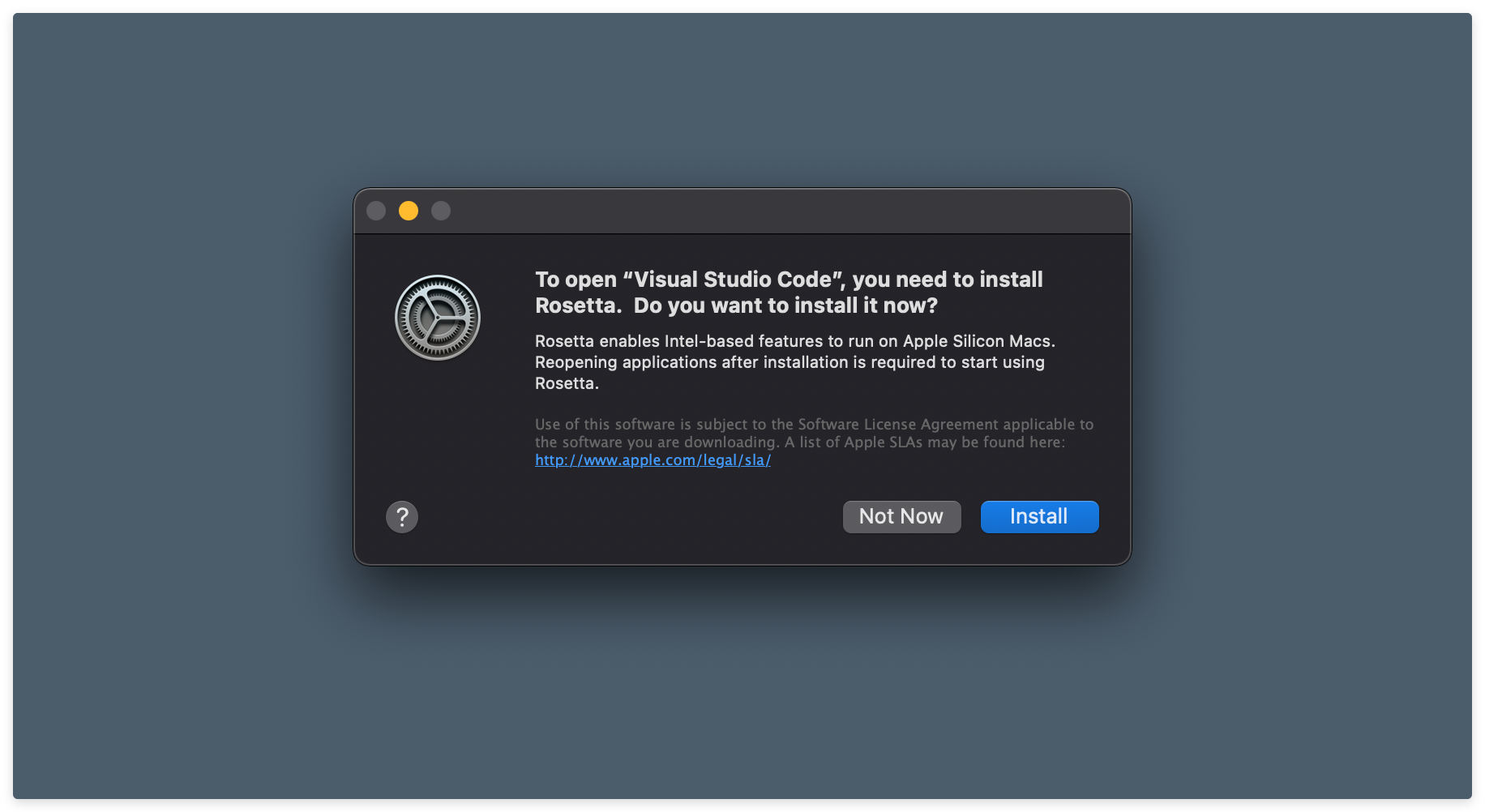 The prompt for installing Rosetta.