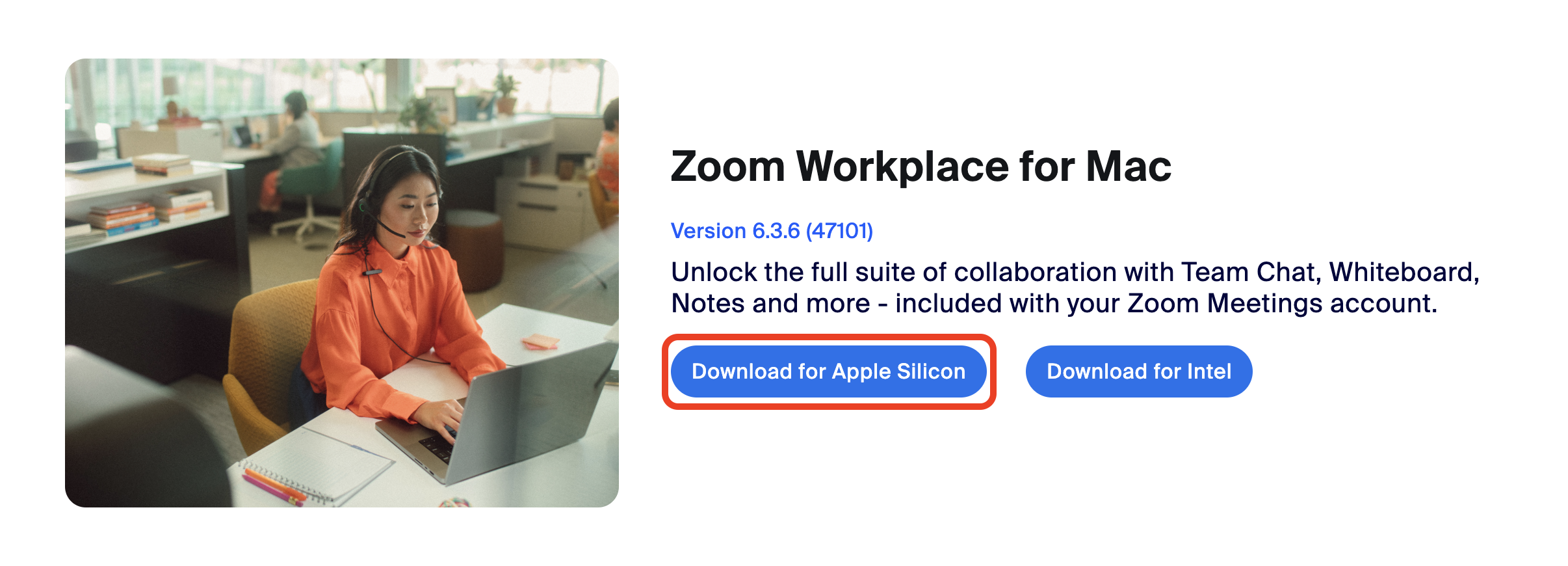 A screenshot of the Zoom download page. The download option for the Zoom client for Apple Silicon devices is highlighted.