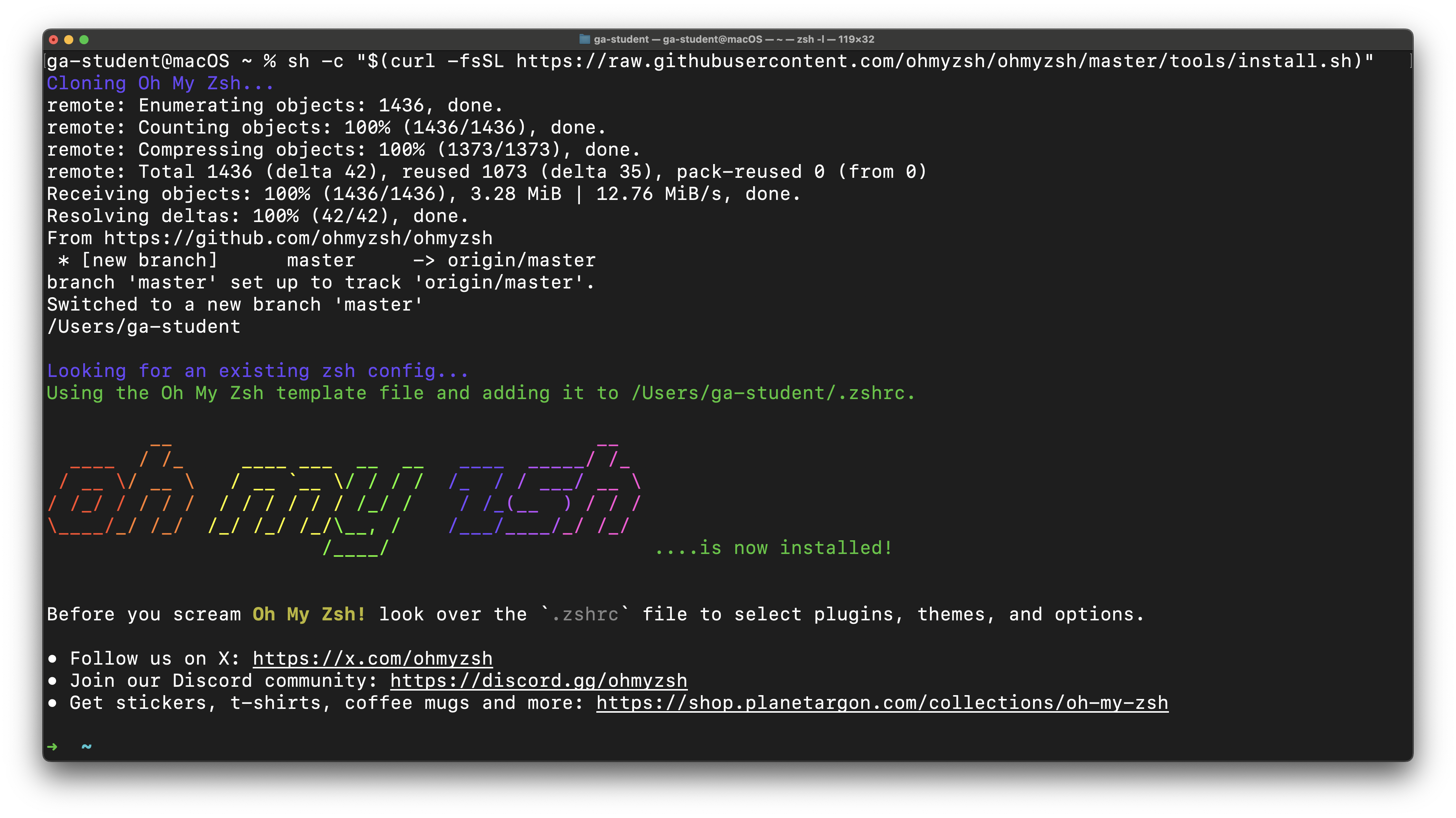 A successful installation of Oh My Zsh