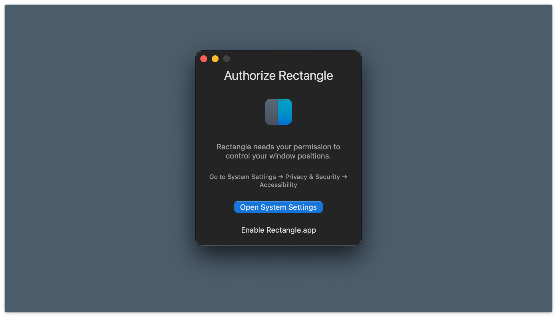 Rectangle, prompting for accessibility permission.
