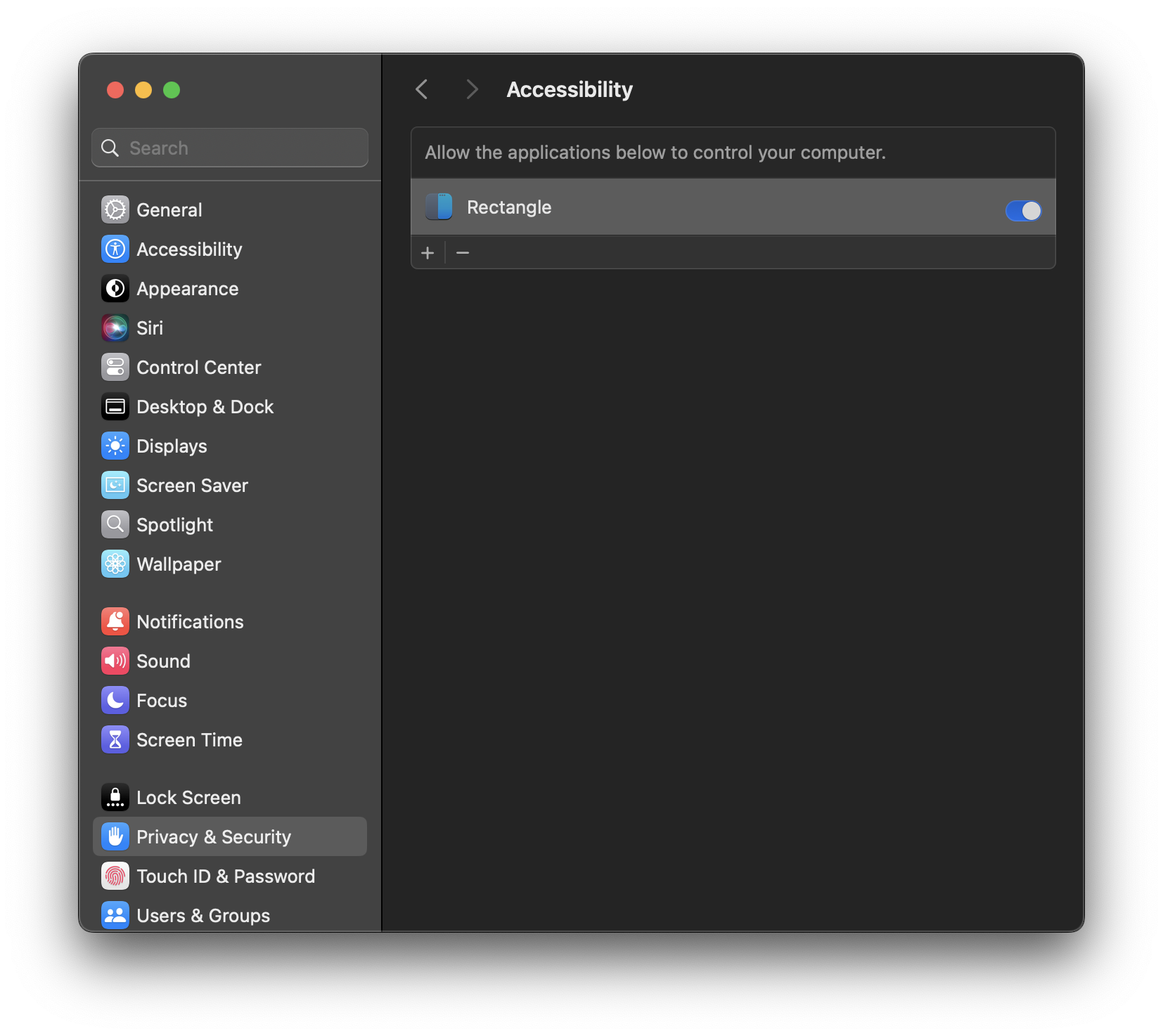 The Privacy and Security pane, after Rectangle has been given the appropriate system permissions.
