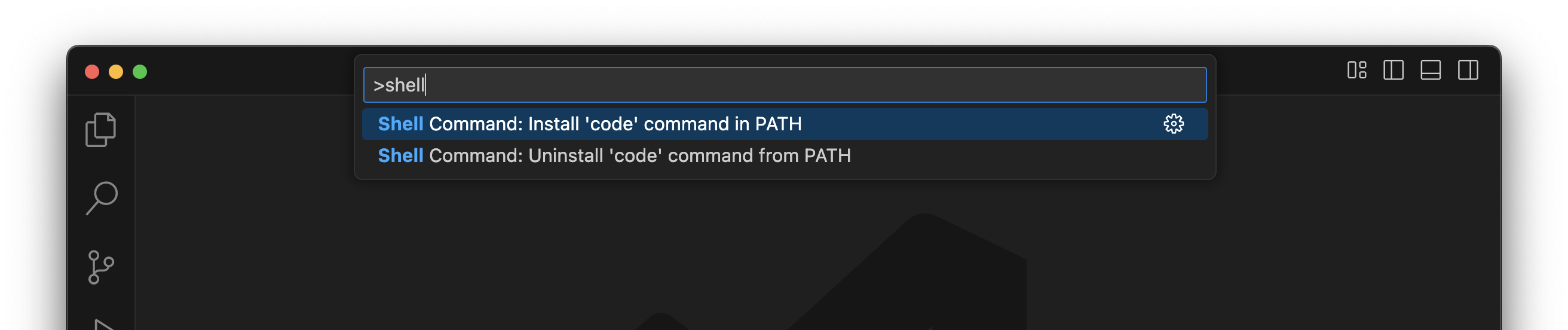 The command palette, with the Shell Command: Install 'code' command in PATH option highlighted.