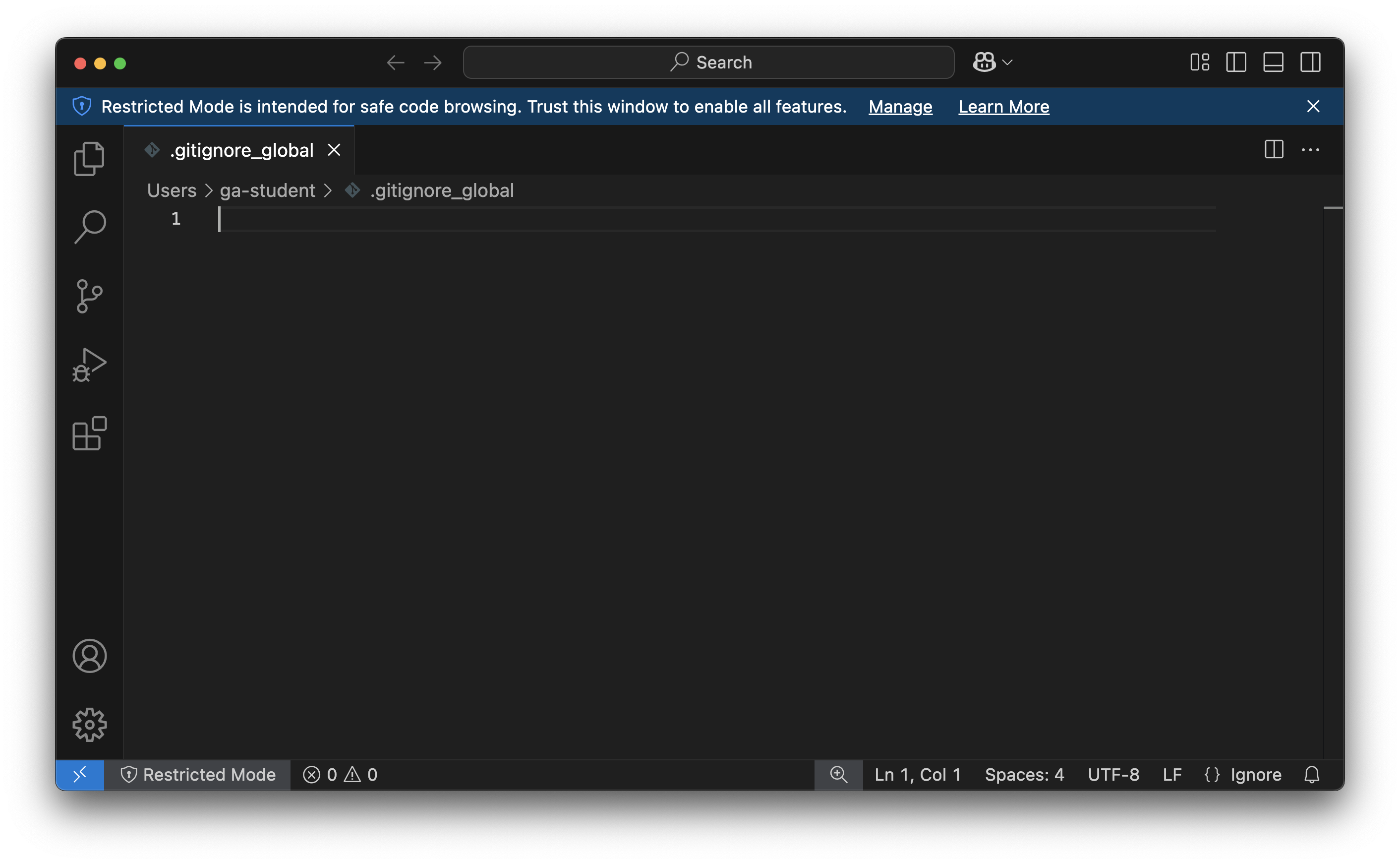 The new .gitignore_global file open in VS Code.