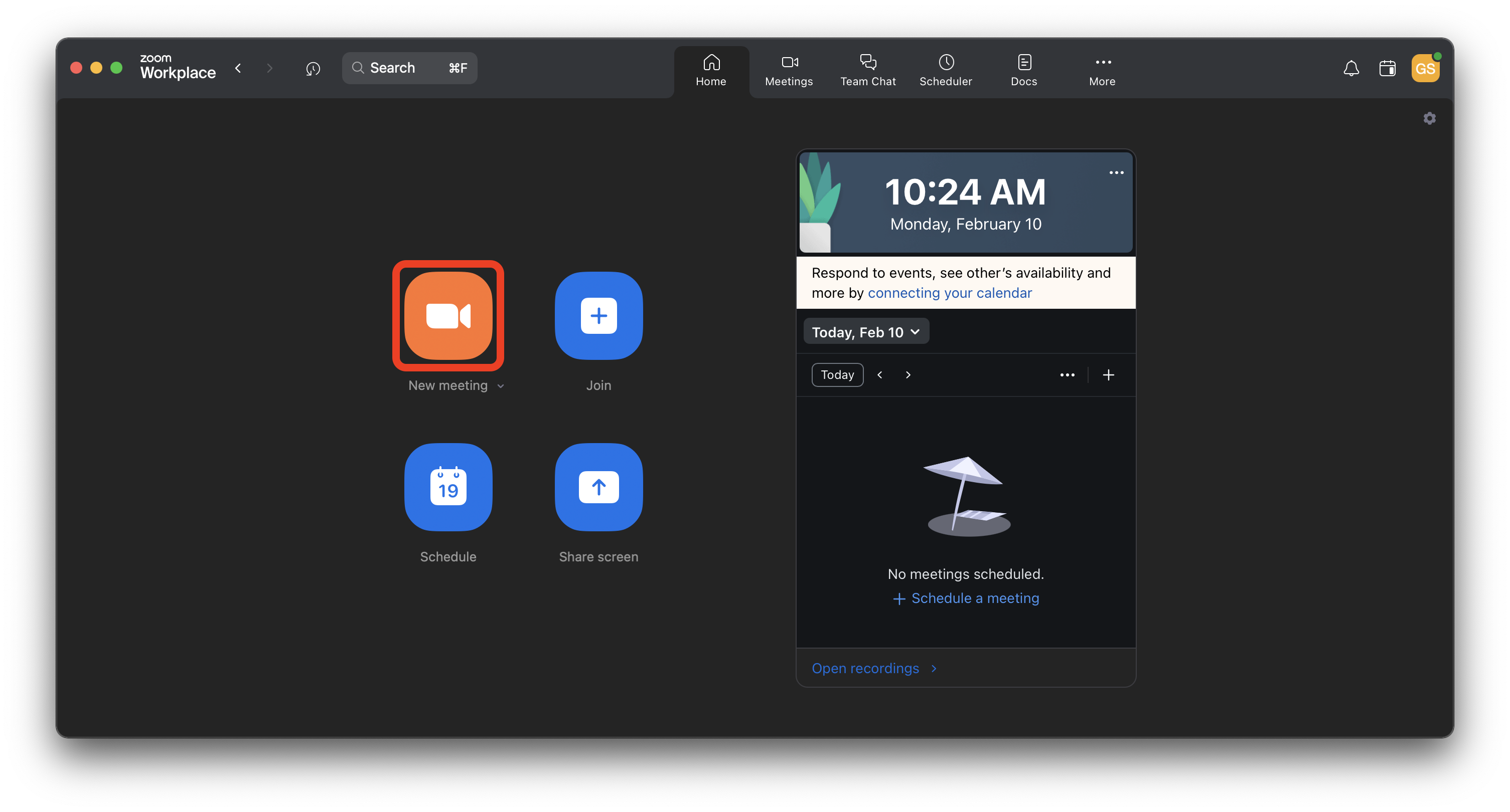 The main Zoom window. The New Meeting button is highlighted.