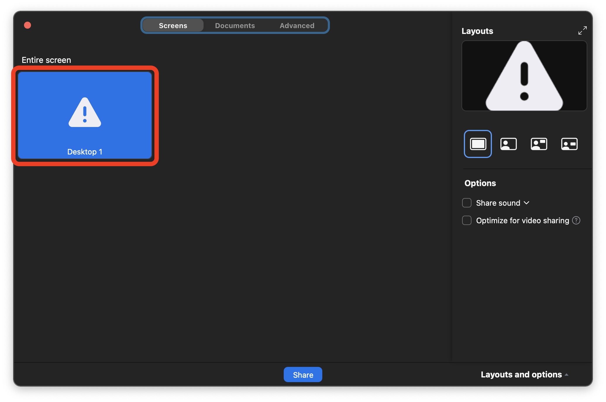 The Screen Share pane. Desktop 1 is selected and the Share button is highlighted.