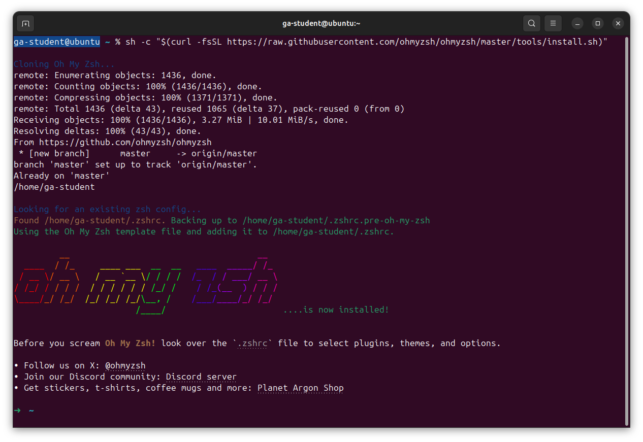 A successful installation of Oh My Zsh