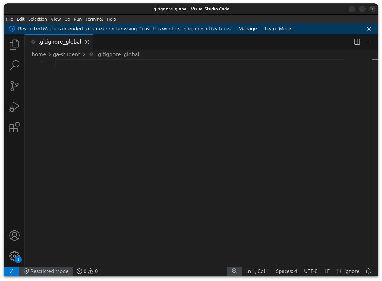 The new .gitignore_global file open in VS Code.