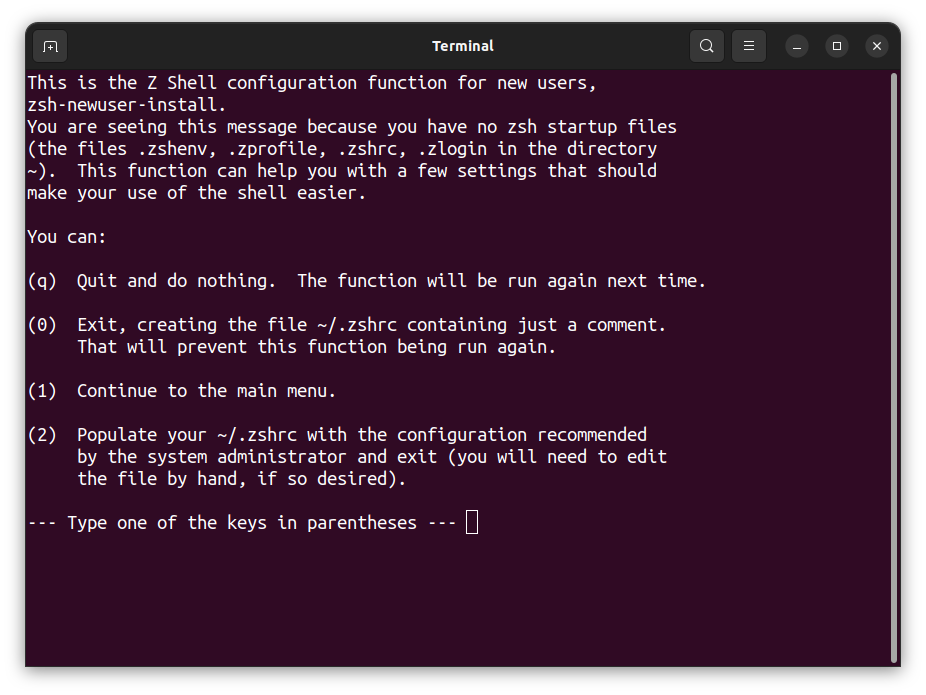 The terminal after installing `zsh`.